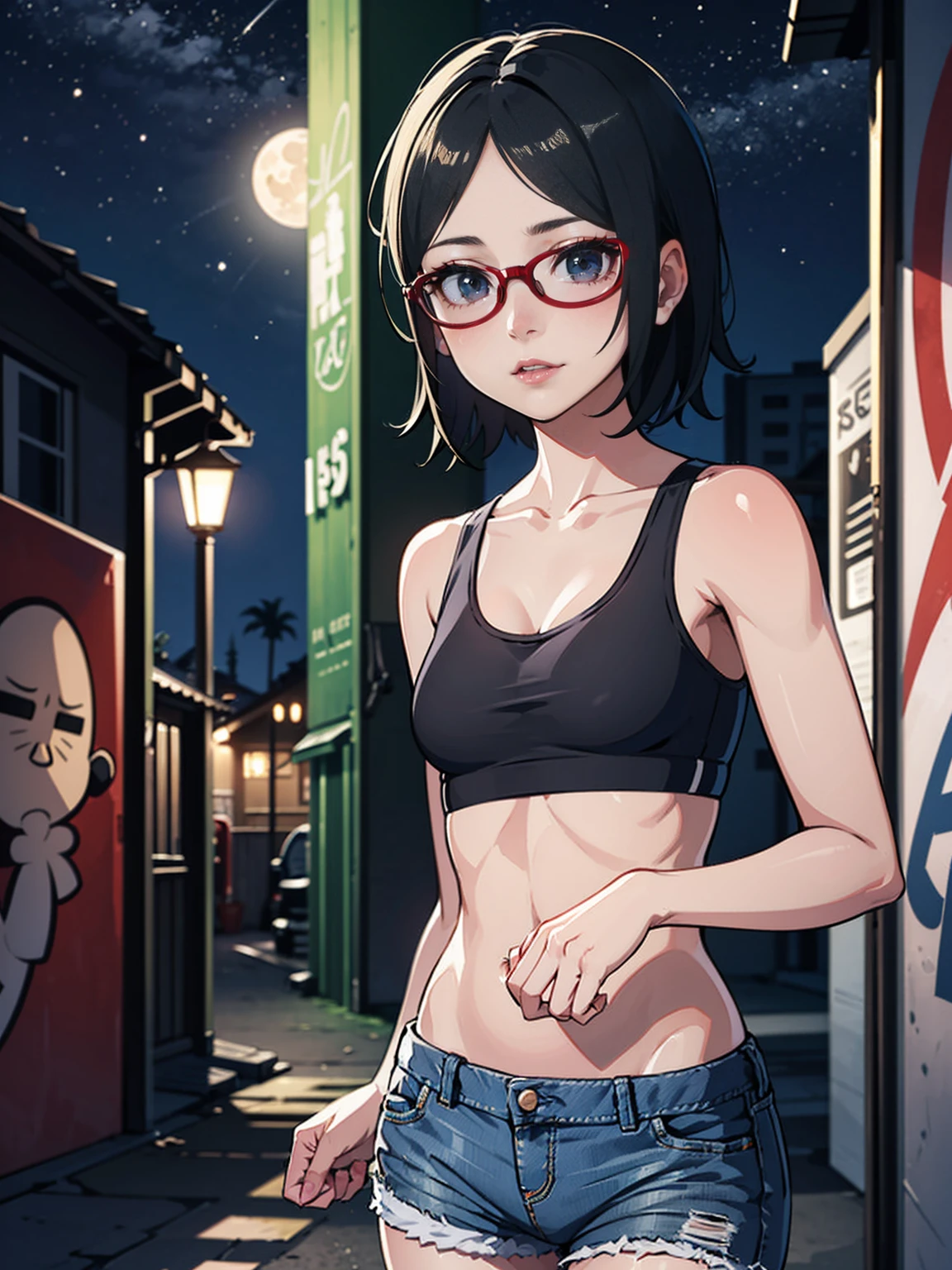 ((Sarada Uchiha, short hair, black eyes, glasses, uchiha sarada)), ((solo, 1woman, pink lipstick, Extremely detailed, ambient soft lighting, 4k, perfect eyes, a perfect face, perfect lighting, a 1girl, small breasts)) austere, ((malicious, (sports bra), jeans, short shorts, unbuttoned shorts)), night sky, clouds, erotica, lots of erotica, (graffiti alley, graffiti walls, in an alley, night, moonlight, starry night)