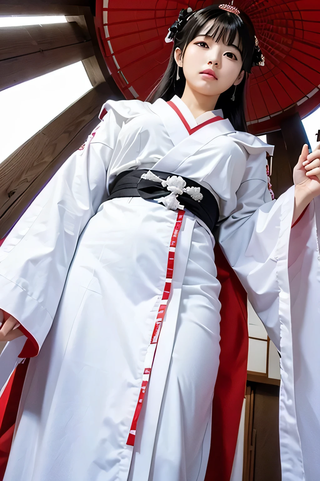 white and red shrine maiden clothes、Adult Beautiful Priestess、Black Hair Upstyle、((whole body))、(((photo taken from below)))、shrine
