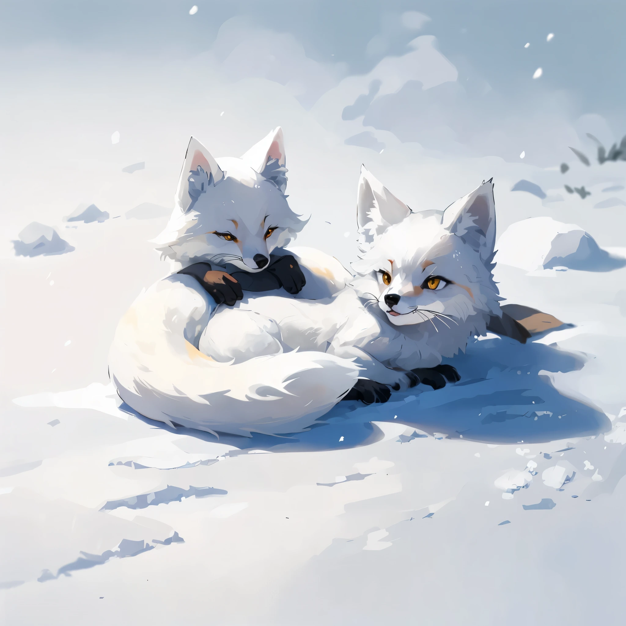 masterpiece, best quality, cartoon, artcic fox lying on the snow with her fox, fox ears, white fur, sunny, (no humans), fox's whiskers, yellow eyes, black paws, white fluffy tail