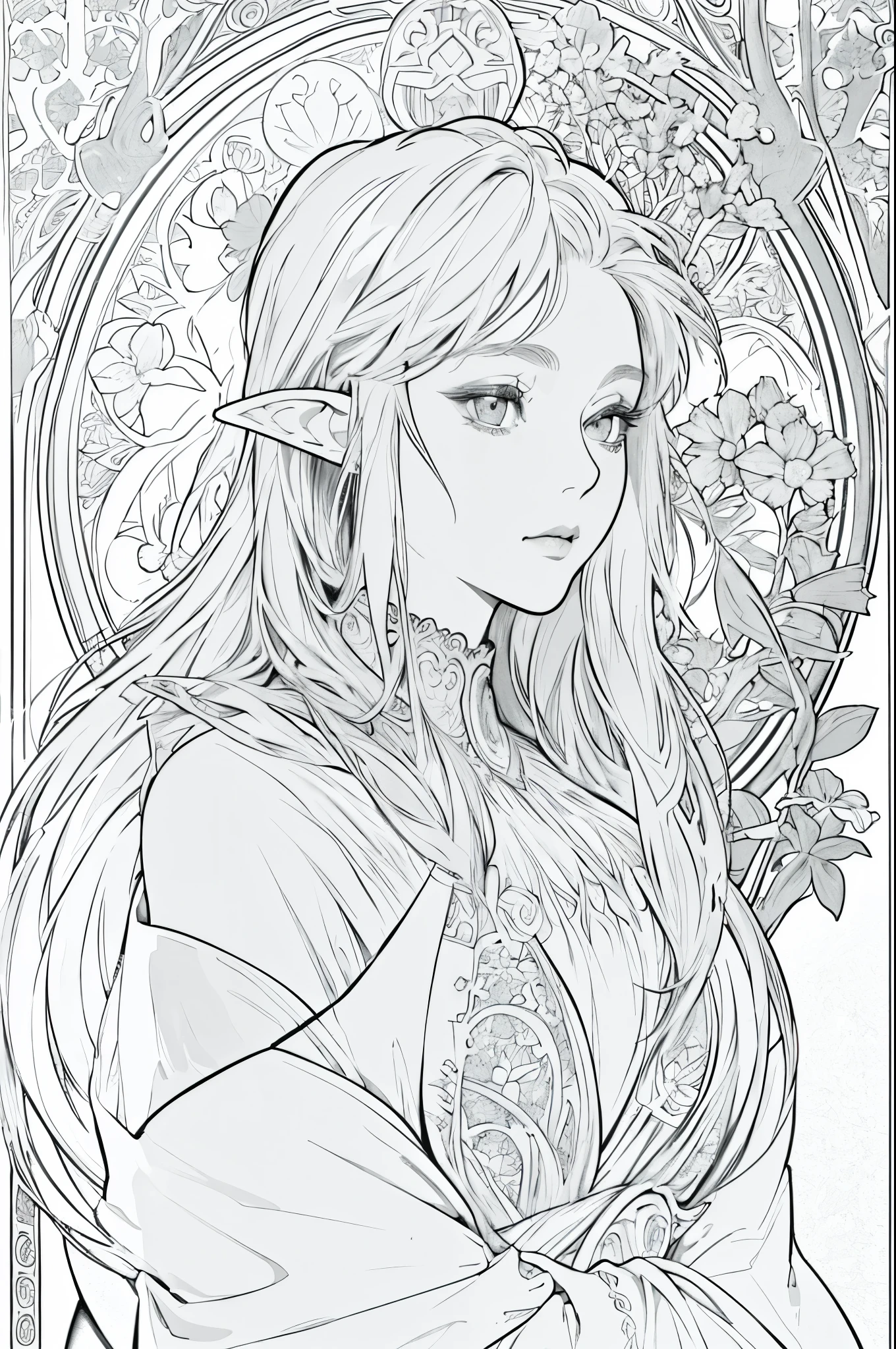 tarot cards, 1 elf girl,Portrait of the face of a European elf,shapeless long hair, shiny skin, detailed face, wearing a patterned robe, Sumeru,cloud, moon,((tarot cardsのレイアウト)),highest quality, masterpiece, (realistic:0.6), realistic lighting,flower frame, decorative panel, abstract artistic, (Alphonse Mucha) (master piece, best quality, 8k, very detailed, intricate details, 4k,Cerulean, line drawing, fibonacci.