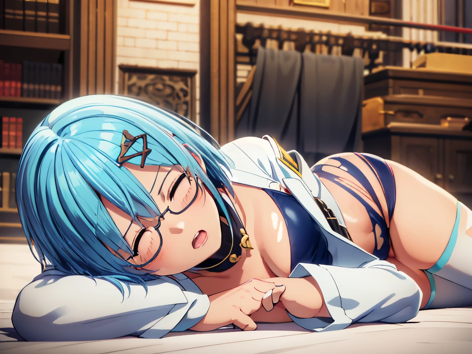 masterpiece, best quality, high quality, exquisite, beautiful, short hair, aqua hair, aqua eyes, tsurime, slant eyes, pale skin, shiny skin, huge breasts, glamorous, voluptuous, curvy, school uniform, (((navy leotard,))) (((white lab coat,))) glasses, teenager, (((black thighhighs,))) ((((torn clothes,)))) ((tearful,)) embarrassed, (((lying on back,))) ((blush,)) (((painful scene,))) ((((Scene of Defeat,)))) ((closed eyes,)) ((open mouth,))