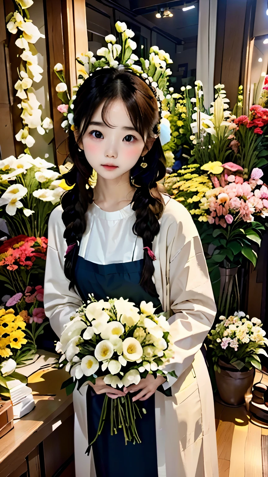 (((woman working at a flower shop、beautiful flower々:1.2、lots of flowers:1.2、flower garden flower shop:1.2)))、Gypsophila、Cat clerk、beckoning cat、cute顔、small nose、plump lips、carefully tied braids、cute、clerk serving customers、Blue front cover:1.2、Natural light、(very detailed, intricate details), sharp focus, calm colors, 8k, confused, 8mm film grain