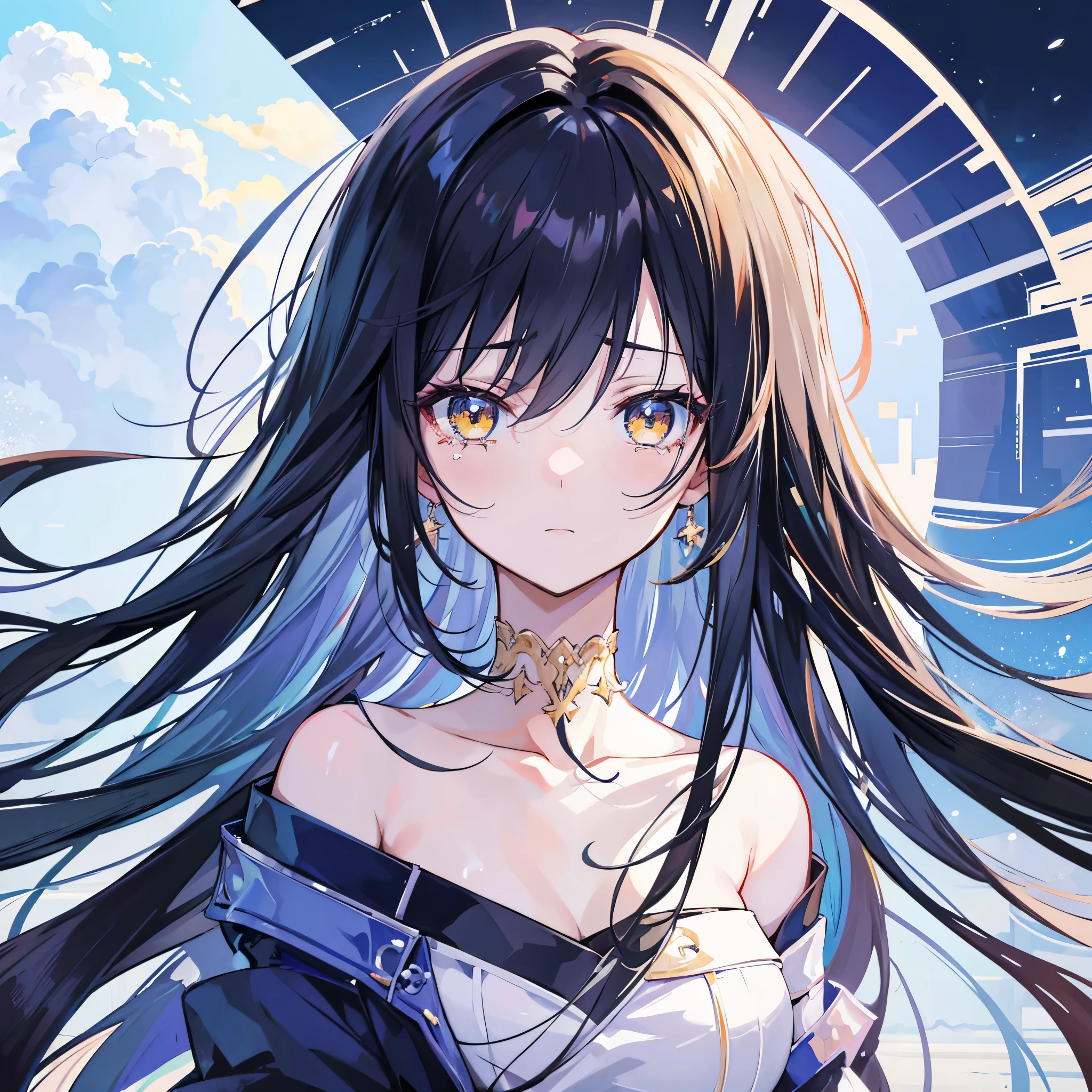 An anime girl crying while looking at luxury hotel , black hair and blue , yellow eyes , best quality , 8k