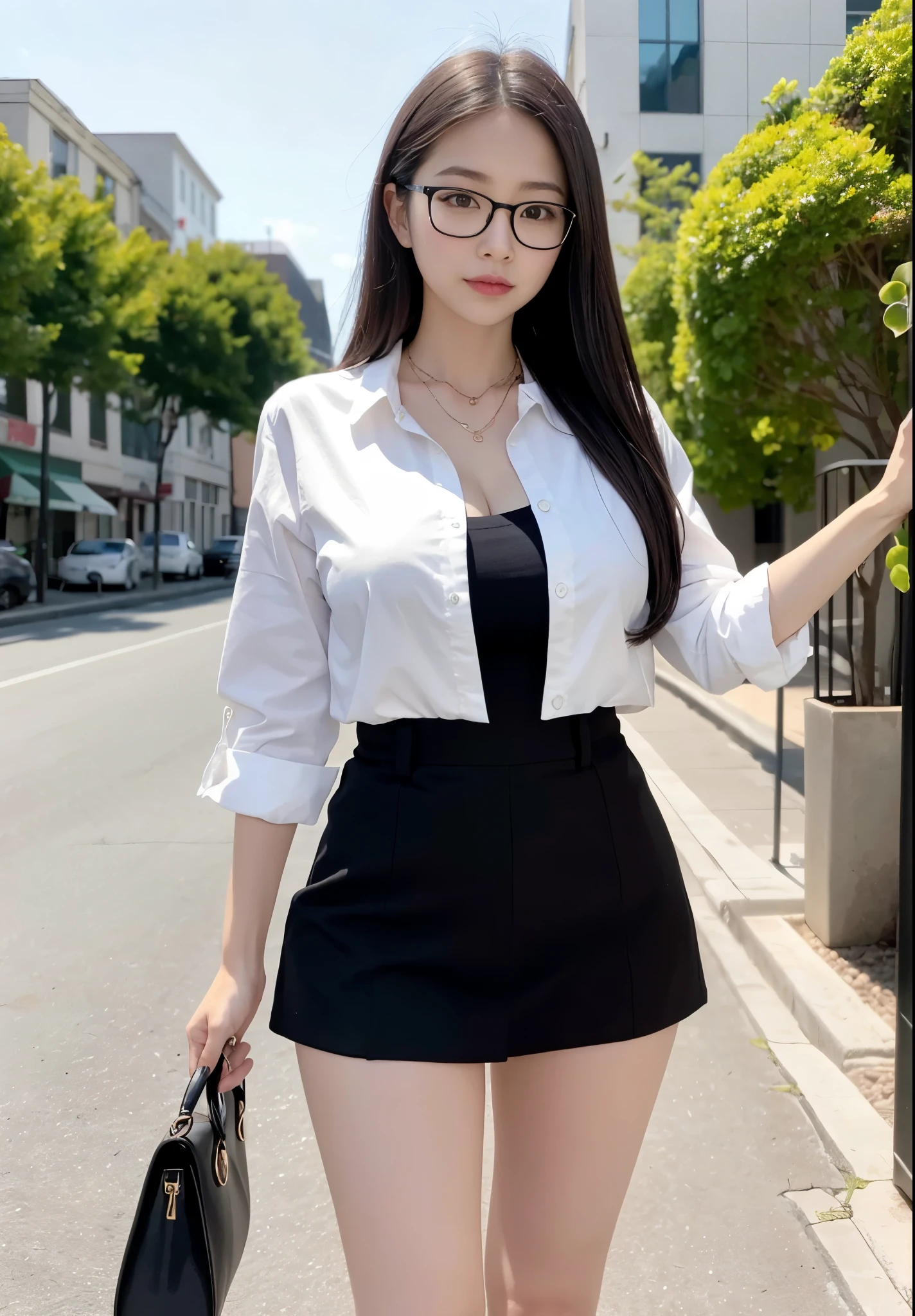 there is a woman with glasses and a necklace posing for a picture, with glasses, with square glasses, with long hair, headshot profile picture, professional profile picture, wearing thin large round glasses, girl with glasses, with glasses on, wearing square glasses, thick glasses, a young asian woman, wearing small round glasses, 1girl, black hair, realistic, ultra detail, big tits, perfect tits, perfect