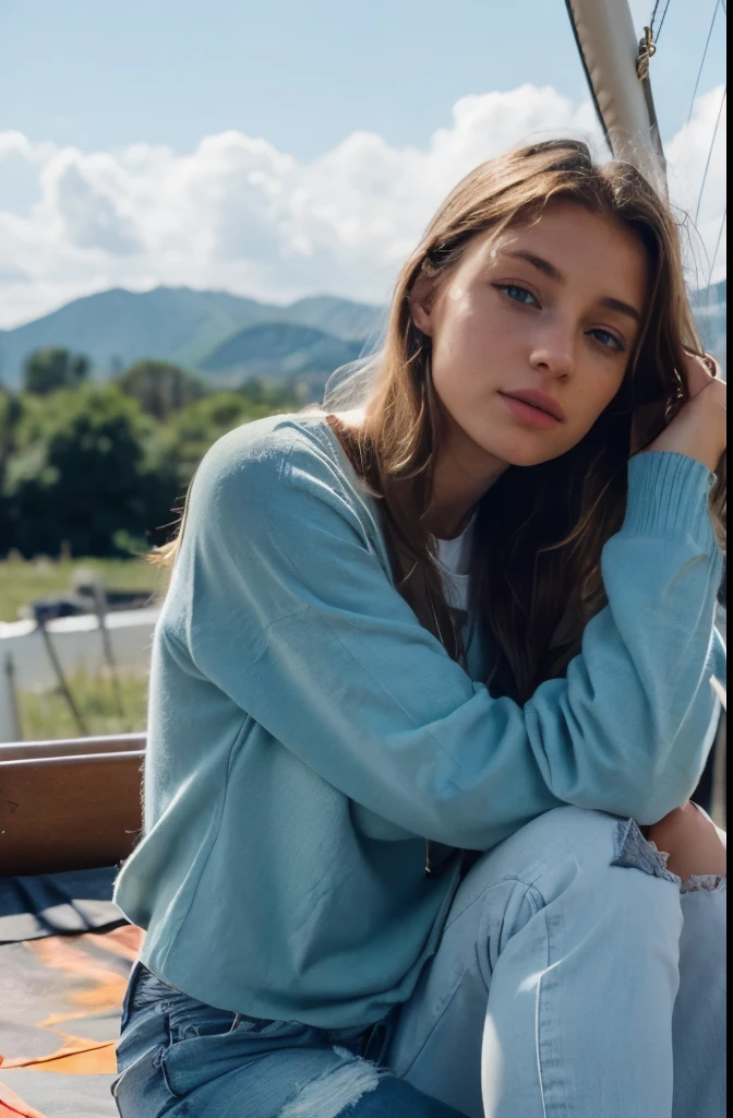 Instagram Model, Laura Busch,8K,Best Quality, Masterpiece, Ultra High Definition, (Photorealistic:1.3), (Authentic Skin Texture:1.3), (Film Grain:1.2),1 woman, 19 years old, trained body, messy hairstyle, blonde hair, few freckles, beautiful detailed blue eyes and face,Masterpiece, Best Quality,Wearing, curled up in a cozy blanket, on a sailing boat, beautiful, wearing skinny jeans and shirt,