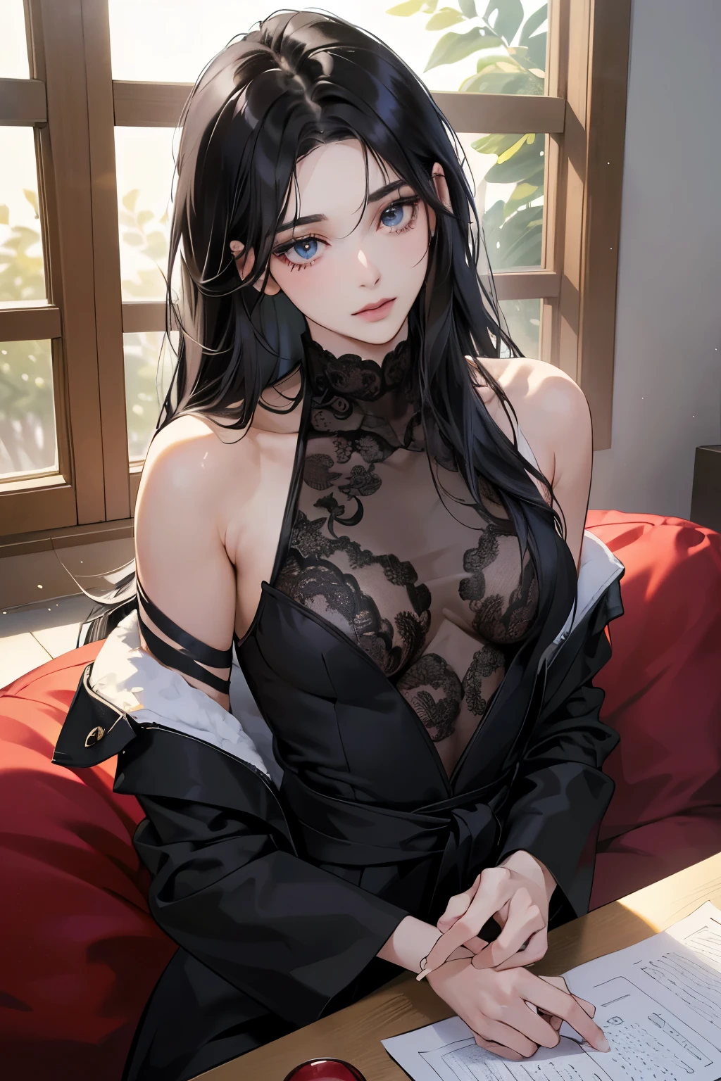 (table top, digital art, digital illustration, 4k, 8k, Super detailed, beautiful images, clear image, realistic, RAW photo, perfect face, perfect lines, perfect eyes, soft lighting) woman1名, (long black hair,straight hair,bullish look,beautiful woman,woman、solid makeup,23歳woman,small breasts:1.3),スーツ姿のハンサムなhuman性2人, (human,human性はスーツ姿,muscular,solid shoulder width, humanの,boyish hairstyle,English gentleman&#39;Style,クールな表情の30代human性,明るい笑顔の28歳human性:1.2),Light-filled living room、kissをしている、Stylish suit、kiss、couple、couplekiss、romance、sex、喧嘩をしているcouple、ケンcouple