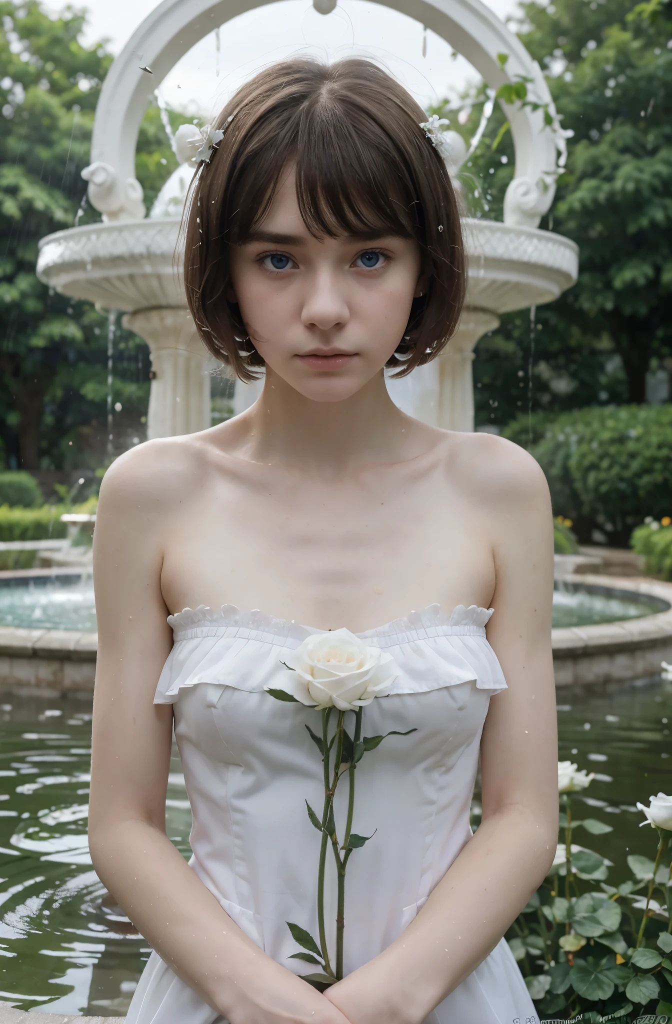 (best quality,hyper-realistic,ultra-detailed,8k), ager, fifteen years old, shy, sad, paleness, big blue eyes, very white skin, small nose, short brown hair with bangs, melancholy, delicate, feminine, skinny body, garden of thousand white roses, fountain, rain.