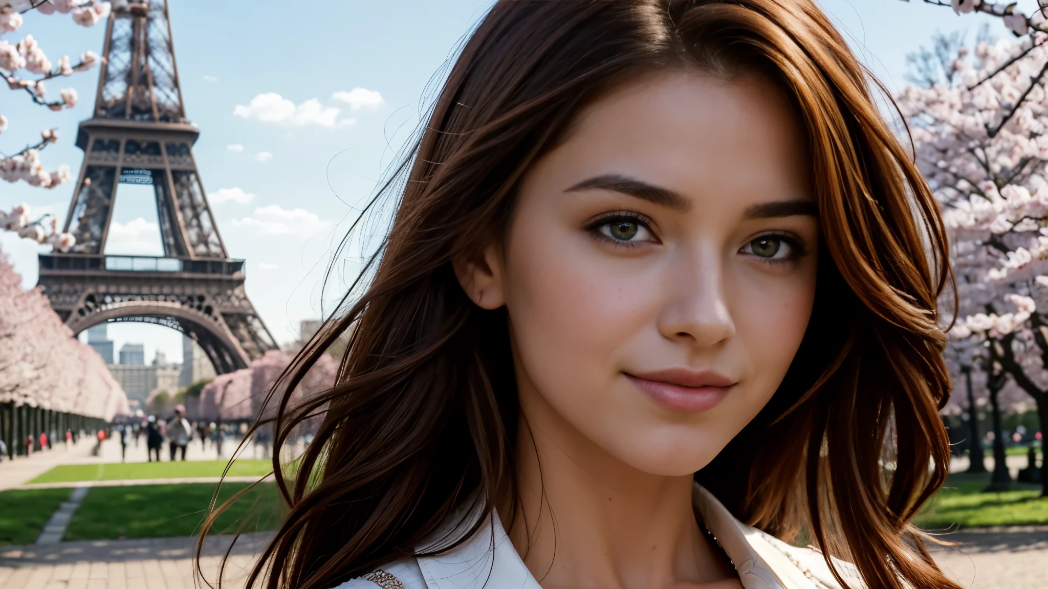 masterpiece, Best Quality, Photorealistic, Ultra-detailed, finely detailed, High resolution, 8K Wallpaper, 1 beautiful woman, light brown hair, sharp focus, Perfect dynamic composition, Beautiful detailed eyes, detailed hairs, Detailed realistic skin texture, Smiling, portrait, Model body type, Take a walk in the park with cherry blossoms and Eiffel Tower background,