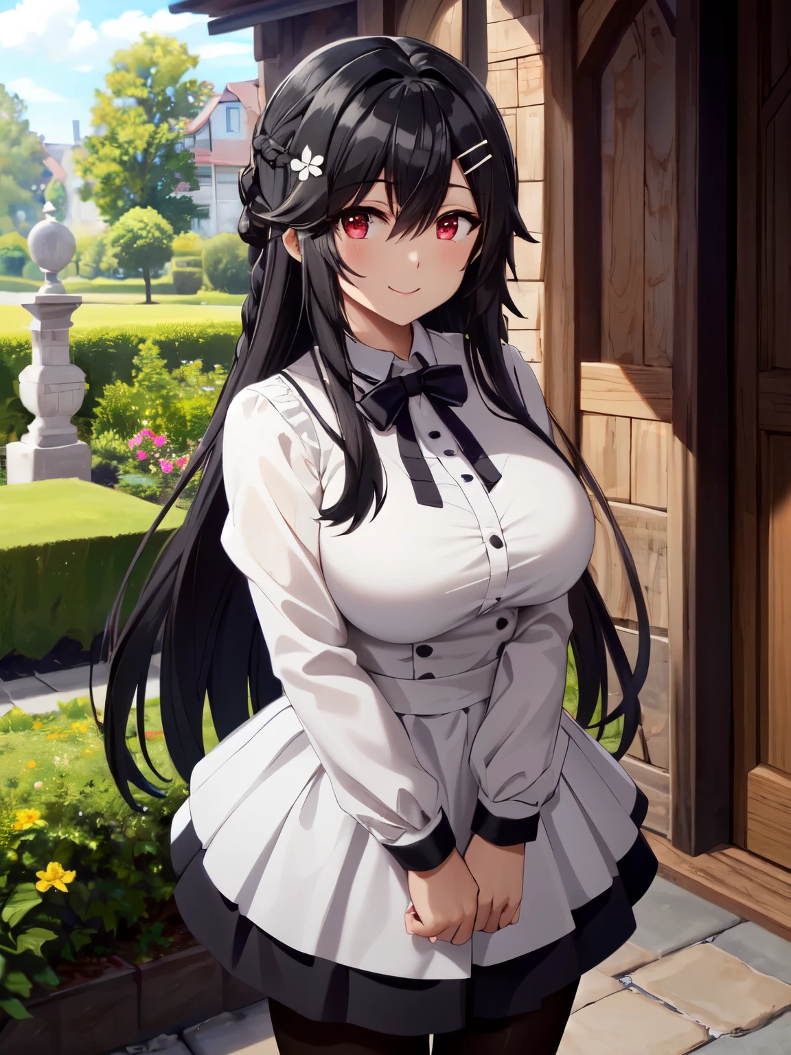 Super detailed, High resolution,[8k images:1.15],garden、全体的にlong hair,hair ornaments,black hair,long hair,hair flower,hair clip,red eyes,Braid,bangs,hair between eyes,
bright eyes、gothic ****ta clothing、arms behind、Cute skirt、skirt, white skirt、absolute reference to center,big breasts,
pantyhose,black pantyhose,, exquisite visuals, High resolution,masterpiece,highest quality,smile