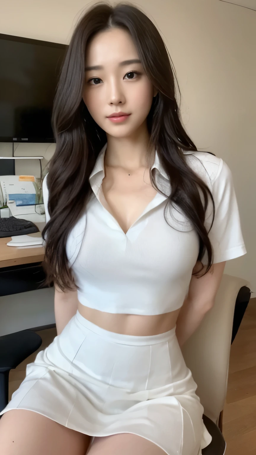 ((top-quality、8k、​masterpiece:1.3))、Beautiful woman with perfect body:1.4、slim abdomen:1.2、Longhair, normal breast, Highly detailed facial and skin texture, A detailed eye, delicate eyes, double eyelid, (smile), (full body shot), ((office)), (sitting chair), (((wearing white uniform)), looking in front, computer 