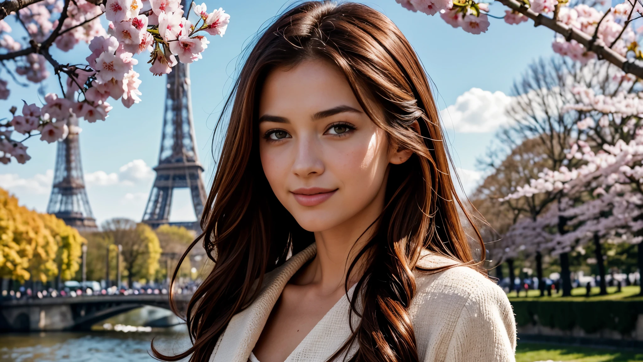 masterpiece, Best Quality, Photorealistic, Ultra-detailed, finely detailed, High resolution, 8K Wallpaper, 1 beautiful woman, light brown hair, sharp focus, Perfect dynamic composition, Beautiful detailed eyes, detailed hairs, Detailed realistic skin texture, Smiling, portrait, Model body type, Take a walk in the park with cherry blossoms and Eiffel Tower background,
