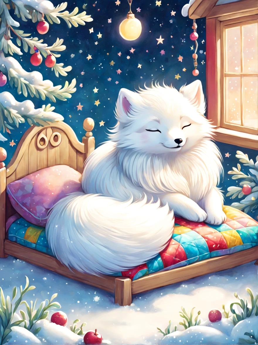 cuteillustration北极狐屋,Snow white arctic fox,hibernation,cute,sleep,Comfortable and warm,looks very happy,illustration,Popularity,Colorful,draw with thick lines,color,dim,light,hibernation的北极狐正在睡觉,have a happy dream,The house is warm and full of happiness,Colorful,gaudy,fantasy,patchwork,Quilt,details details,fluffy,randolph caldecott style, KidsRedmAF
