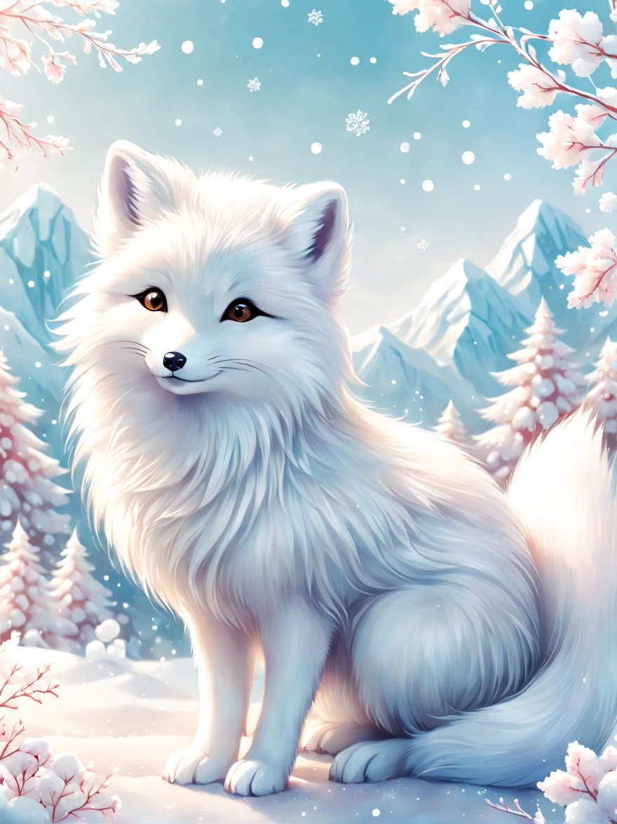 Cute fluffy arctic fox on Japanese anime kawaii style background combines Japanese kawaii art style with modern design,风格为color纹理、radiation clusters、Lowell Herero、pure white、Rebecca Louise Law、color、Cute arctic fox moving on the snow