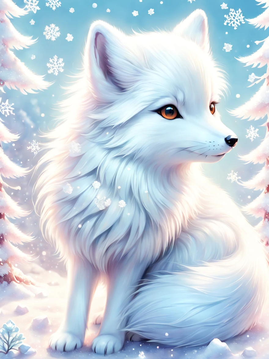 Cute fluffy arctic fox on Japanese anime kawaii style background combines Japanese kawaii art style with modern design,风格为color纹理、radiation clusters、Lowell Herero、pure white、Rebecca Louise Law、color、Cute arctic fox moving on the snow