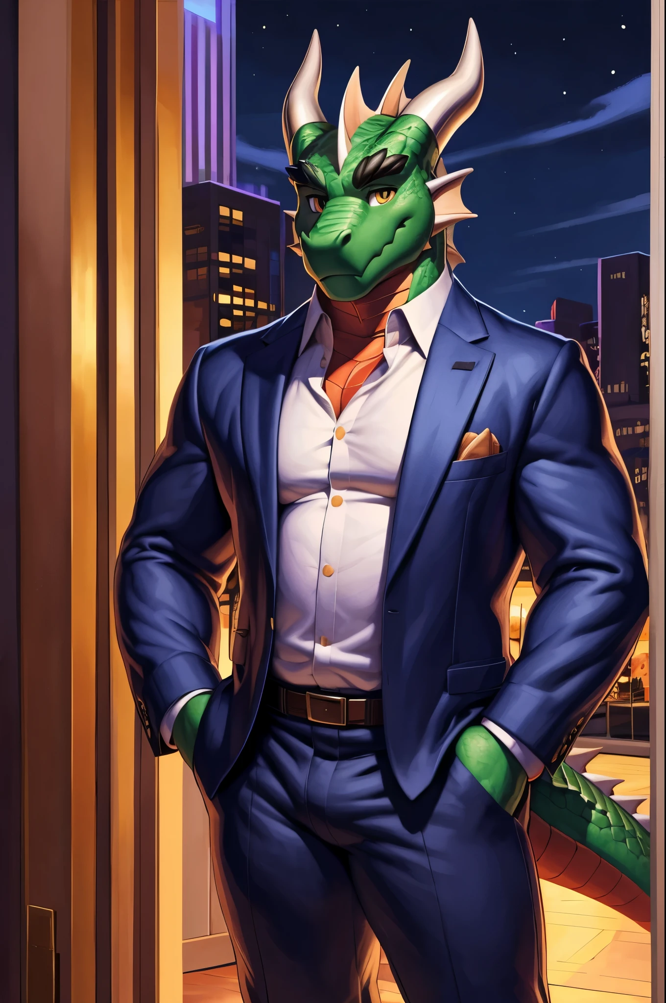 solo,anthro,furry,furry male, Dragon,((spiny scales, scalie, scale body)), (Dragon Print), Green, slender,  gold eyes, tail, detailed scales, detailed face, detailed eyes, detailed white chest, thick eyebrows, horns, full body, tailored suit, dress pants, white collard shirt, button up shirt, black trim collar, resturant background, (by null-ghost, by meesh, masterpiece,high quality, hi res, 8k hd),close-view portrait, looking at viewer, night, indoor, Standing.
