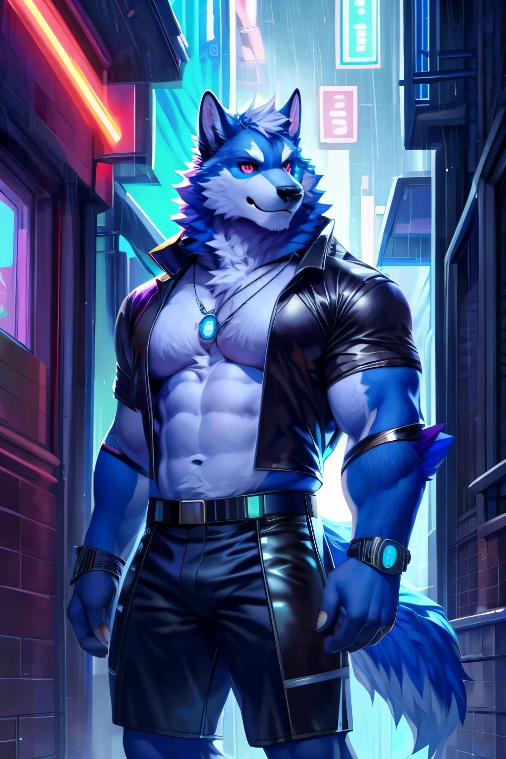 solo,anthro,furry,furry male, raining, blue wolf,((fluffy fur, fluffy, furry body)), (blue wolf), vibrant blue body, red eyes, tail, detailed fluffy fur, detailed face, detailed eyes, detailed white chest, thick eyebrows, white hair, short hair, full body, cyberpunk outfit, black shorts, silver necklace, Simple neon background,(by null-ghost,by raccoon21, masterpiece,high quality, hi res, 8k hd),close-view portrait, looking at viewer, night, outdoors, alleyway, Standing.
