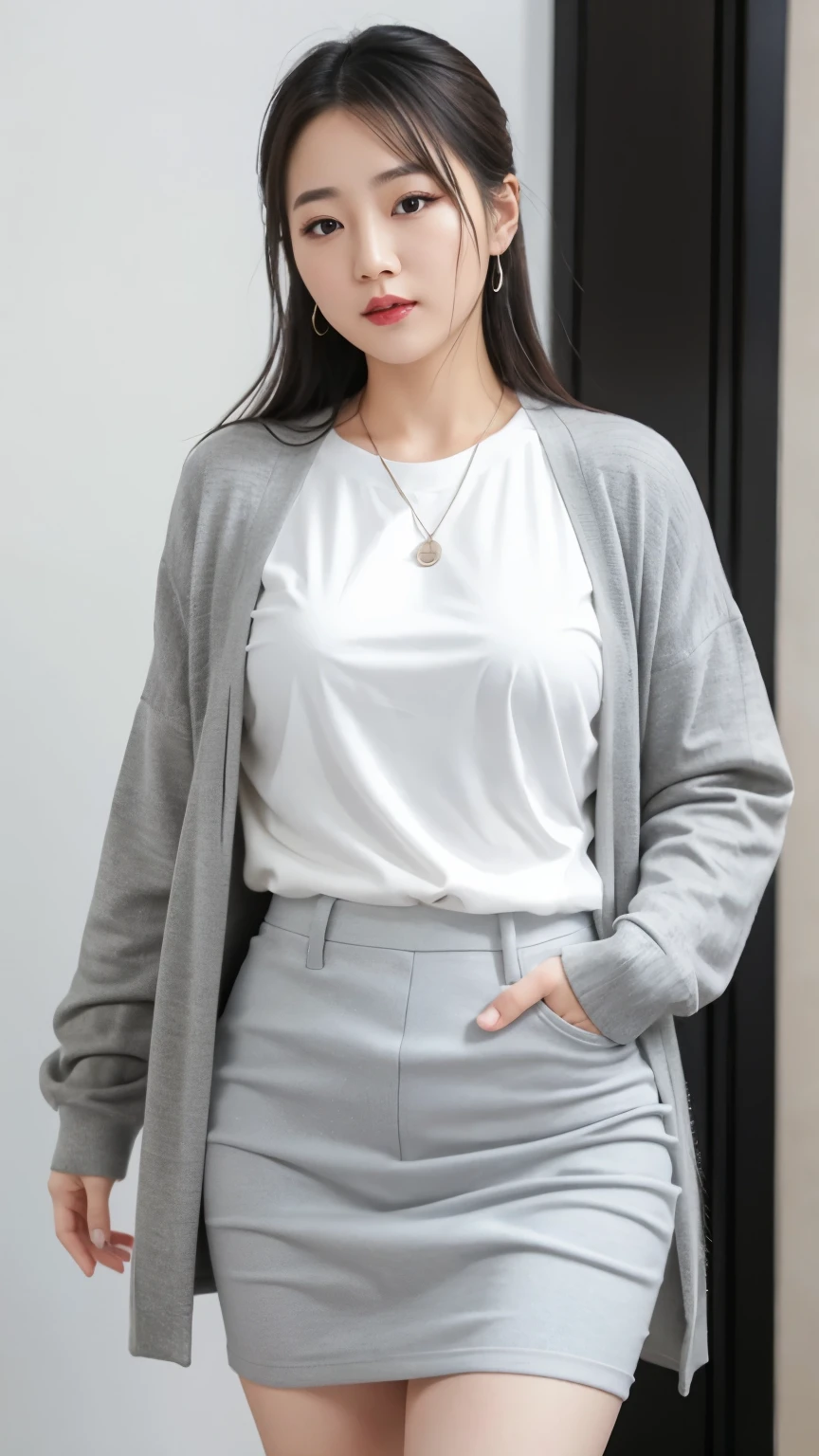 Wearing a white top and gray skirt、Asian woman in pantyhose, Beautiful and dignified woman, 30 years old,gorgeous young korean woman, The breasts are huge and full,G cup,slim waist,Nine-headed figure,Sleek white skintight suit, Vacuum inside,,Wear tight, simple clothes, cardigan, gorgeous lady, gray shirt, Casual wear裝, loose slit jacket, korean woman, cardigan, gray clothes, Yoshitomo Nara, light grey, Casual wear