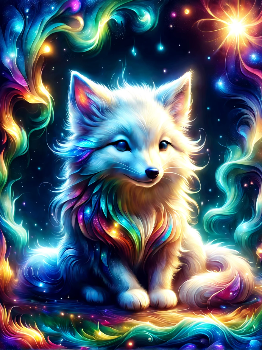 cuteillustration北极狐屋，Snow white arctic fox，hibernation，cute，sleep，Comfortable and warm，looks very happy，illustration，Popularity，Colorful，draw with thick lines，color，dim，light，hibernation的北极狐正在睡觉，have a happy dream，The house is warm and full of happiness，Colorful，gaudy，fantasy，patchwork，Quilt，details details，fluffy，