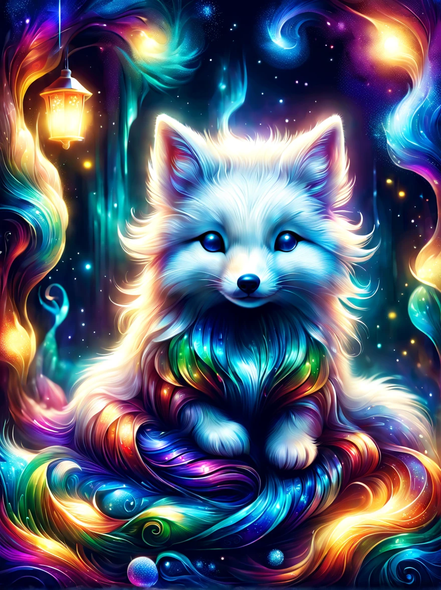 cuteillustration北极狐屋，Snow white arctic fox，hibernation，cute，sleep，Comfortable and warm，looks very happy，illustration，Popularity，Colorful，draw with thick lines，color，dim，light，hibernation的北极狐正在睡觉，have a happy dream，The house is warm and full of happiness，Colorful，gaudy，fantasy，patchwork，Quilt，details details，fluffy，