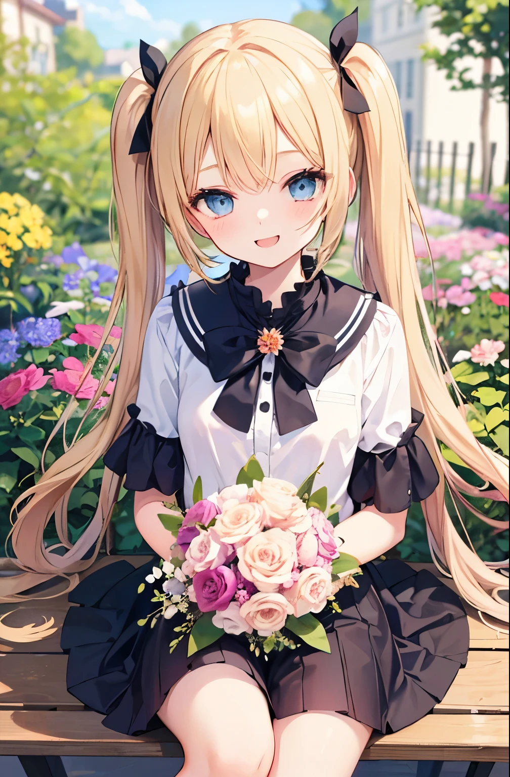 blonde blue eyes、 girl、small breasts、twin tails、laughter、Nico Nico Smile、cute personal clothes、winking、 girl、Looks like a 15 year old、Petan Musume、short、holding a bouquet、flower garden