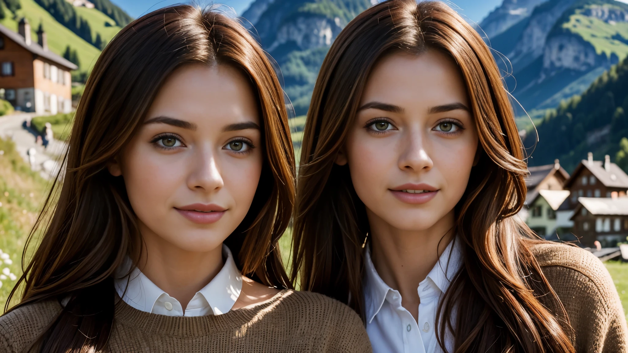 masterpiece, Best Quality, Photorealistic, Ultra-detailed, finely detailed, High resolution, 8K Wallpaper, 1 beautiful woman, light brown hair, Perfect dynamic composition, Beautiful detailed eyes, detailed hairs, Detailed realistic skin texture, Smiling, portrait, Model body type, The background is the village of Lauterbrunnen, Switzerland,
