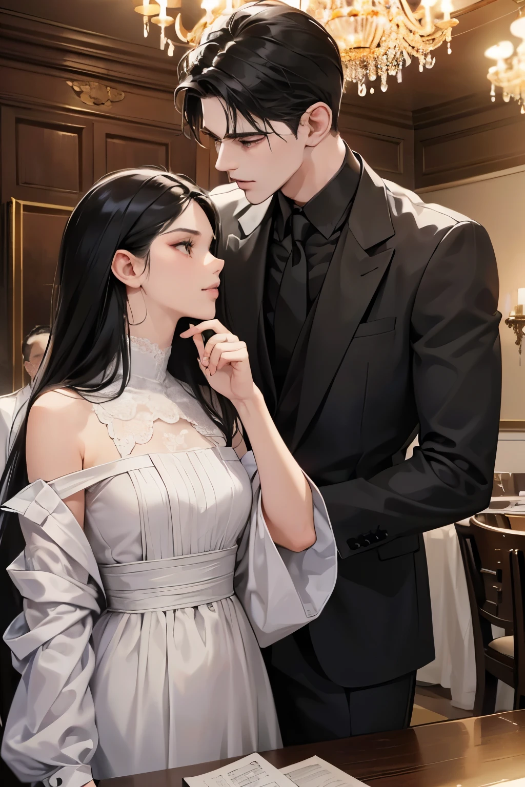 (table top, digital art, digital illustration, 4k, 8k, Super detailed, beautiful images, clear image, realistic, RAW photo, perfect face, perfect lines, perfect eyes, soft lighting) 1 female, (long black hair,straight hair,bullish look,Beautiful woman,woman in suit,Make up well,23 is a novel,:1.3),secretary, Two handsome men in suits, (human,man in suit,muscular,solid shoulder width, human,boyish hairstyle,English gentleman'Style,A man in his 30s with a cool expression,28 year old man with a bright smile:1.2),night office scene,antique furniture,antique clamp,antique chair,chandelier,party、couple、couple kissing、kiss、the kiss、romance、kiss、fight、睨み合う男女couple、