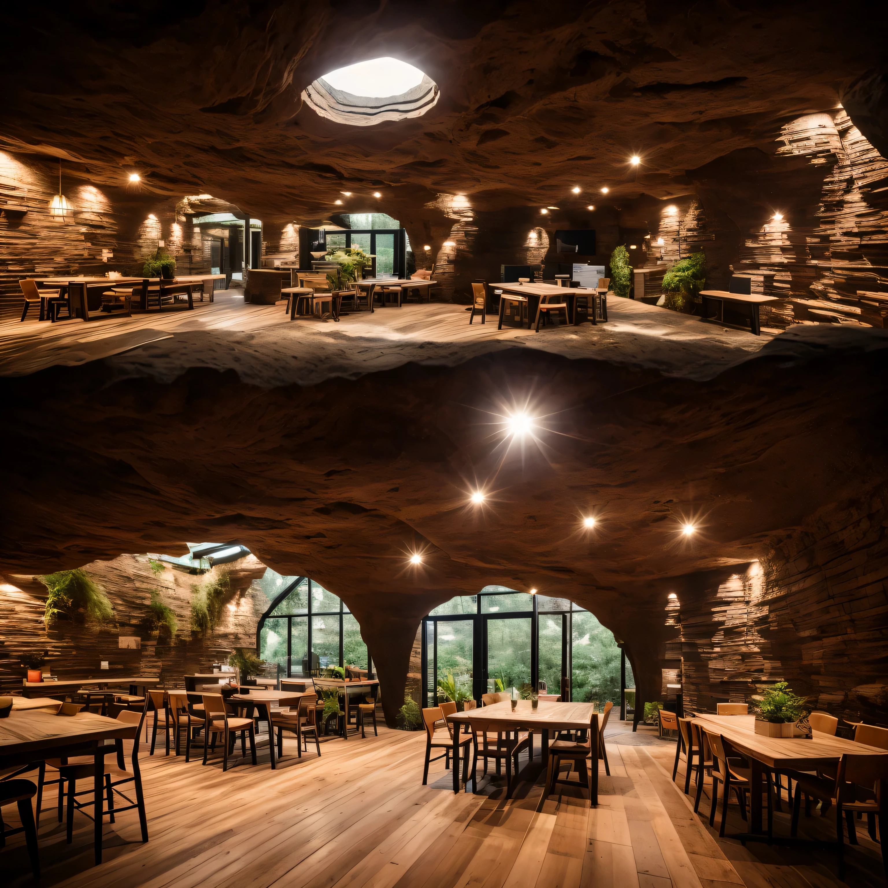 a modern building with cave, ceiling, glass door, nature old wood table, chair wood,, brick wall, ceiling painting, mini stage, city view, lots of plants and room with brick tiles floor, with realistic proportions and textures, grill table, stone wall, cave wall, old table classic, night, light