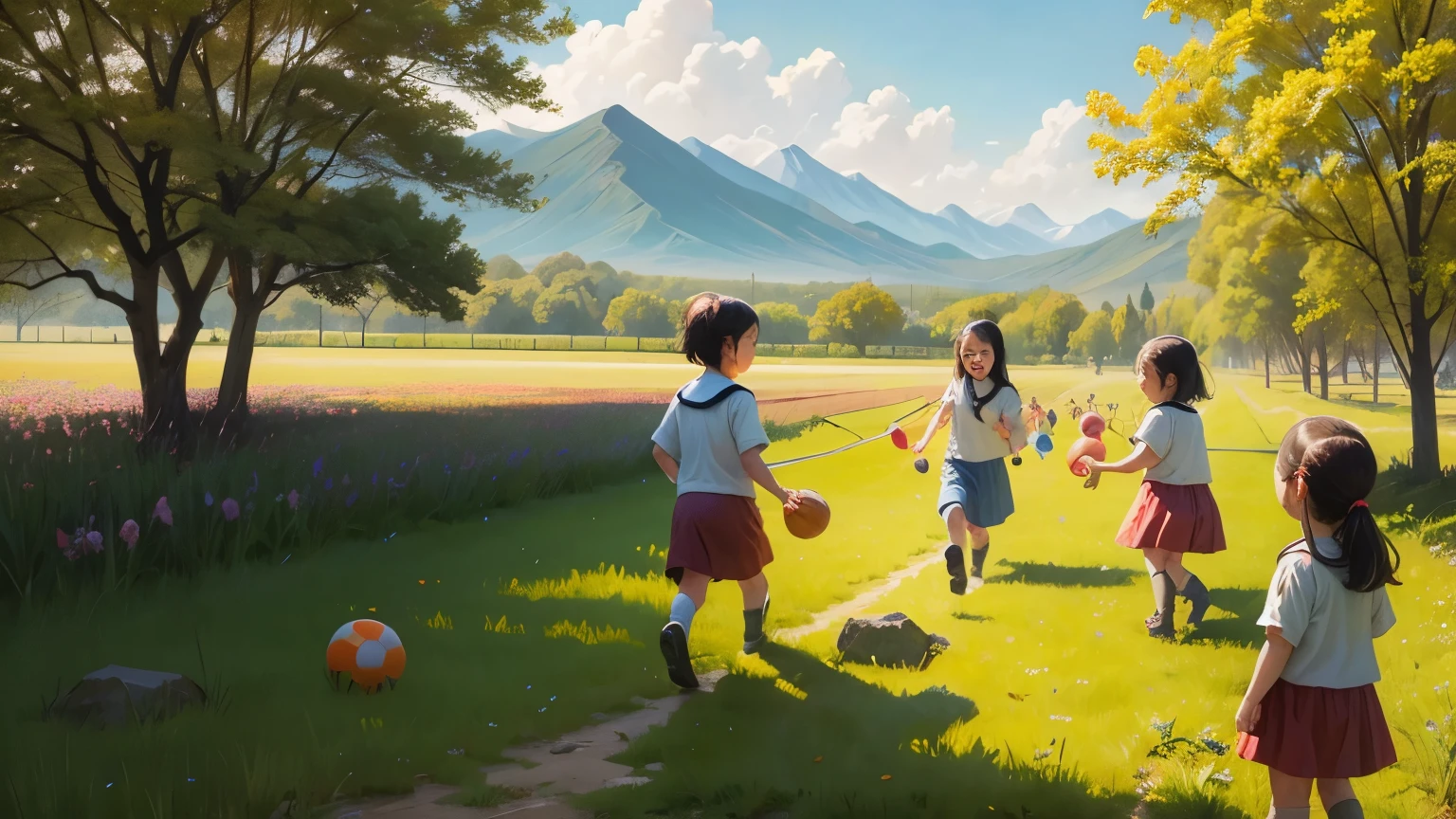 oil painting style，spring，field，spring mountain，sunny，There are children who want to play together
