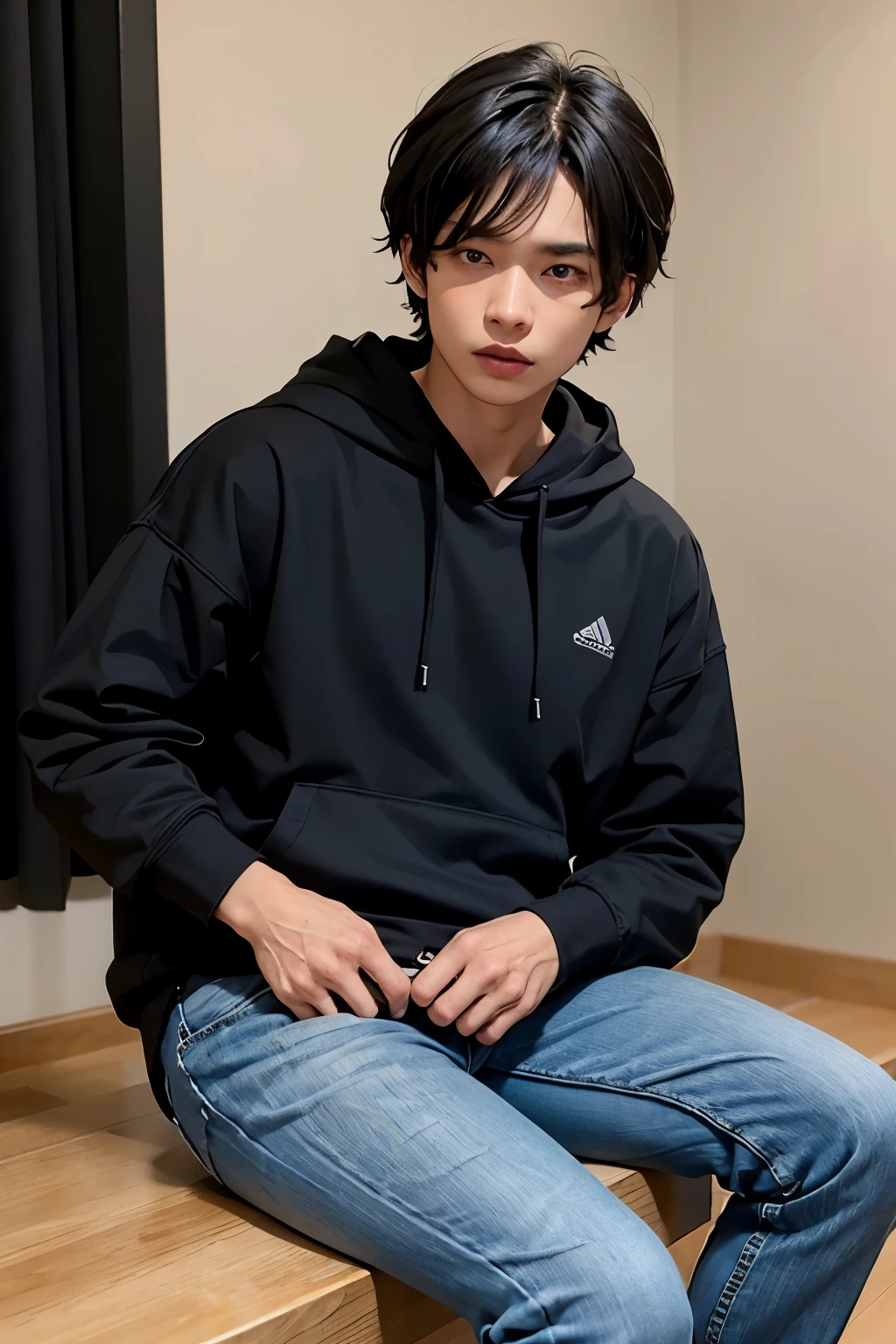 Cowok yang memakai hoodie hitam bertuliskan huruf A dengan mamakai jeans hitam sedang duduk termenung