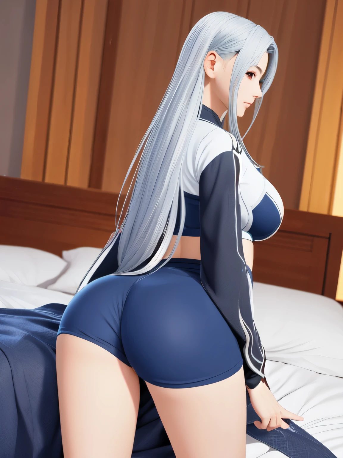 anime, 1girl, ass, bra, thighs, white_hair, big_breasts, bike_shorts, cameltoe, nsfw, seductive anime girl, relaxed_pose, laying stomach on the bed, ass_focus, (Zai_Ji_NARAKA: BLADEPOINT), naraka_bladepoint_game_character, blue_eyes ,sleeping , very_long_hair, Thick_hair, so_much_hAir,proning,prone_position