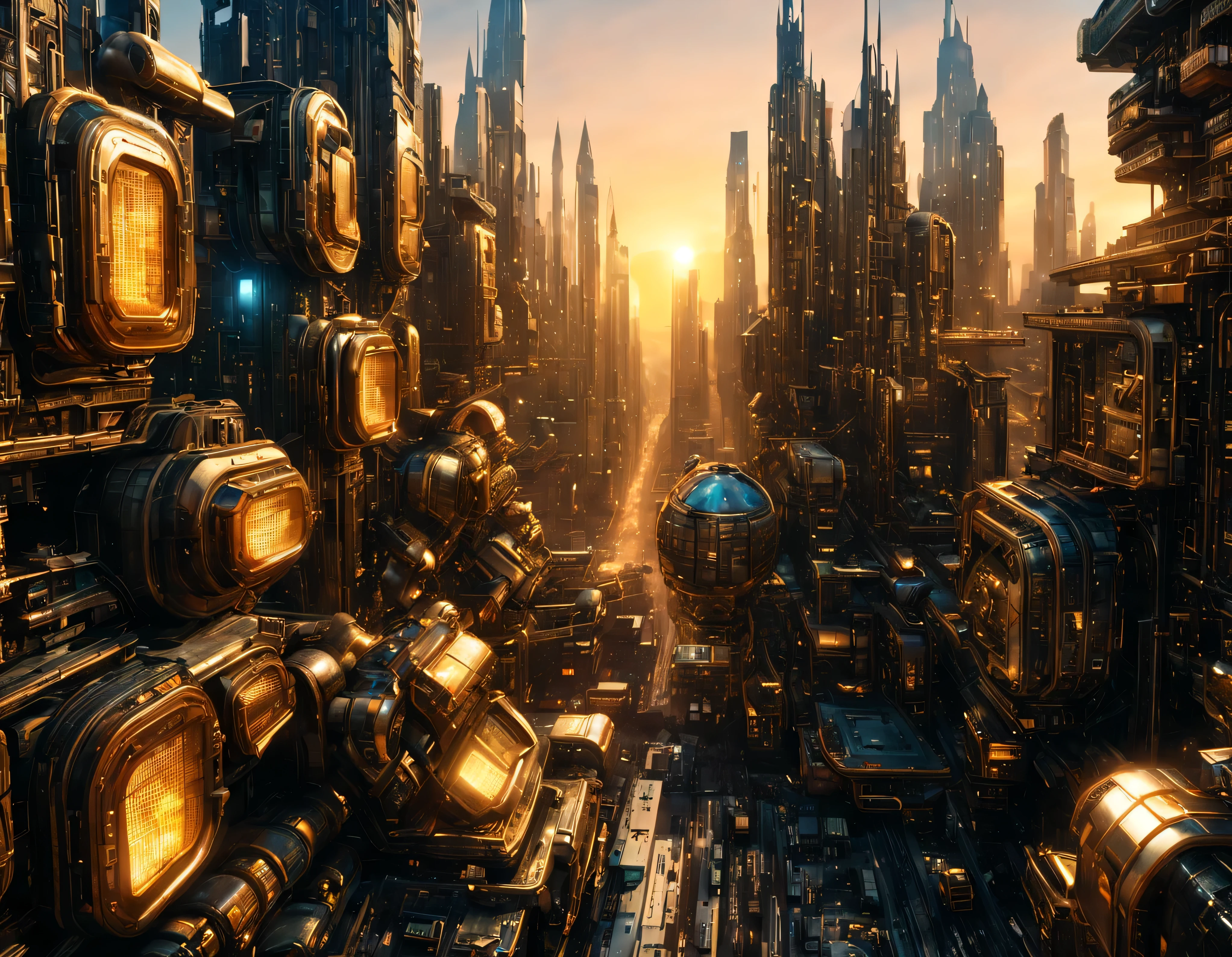 (golden hour lighting), megacity, megalopolis of an imaginary world of science fiction and maximum fantasy, con inmensos edificios ovalados y dodecaedricos agrupados de metal y cristal donde predomina los anuncios luminosos de colores. imagen bien definida 8k, (intrincados detalles de la maquina), con muchos edificios juntos.(obra maestra de superior calidad).(imagen fotorrealista), nitidez absoluta hasta el fondo