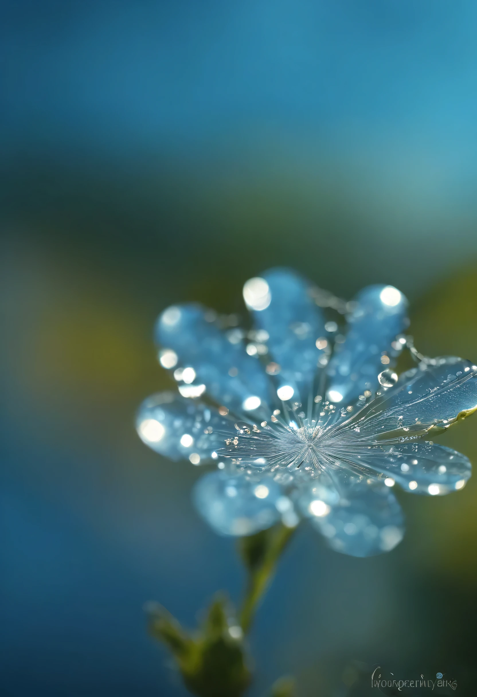 Microcosm , masterpiece , macro photography , cobweb, film grain, Bokeh , Very detailed, sunny weather sunny weather, micro flower, water droplets, vague, Realistic close-up of crystal flower, sky blue background, soft contrast, Rendered by Octane , Unreal Engine