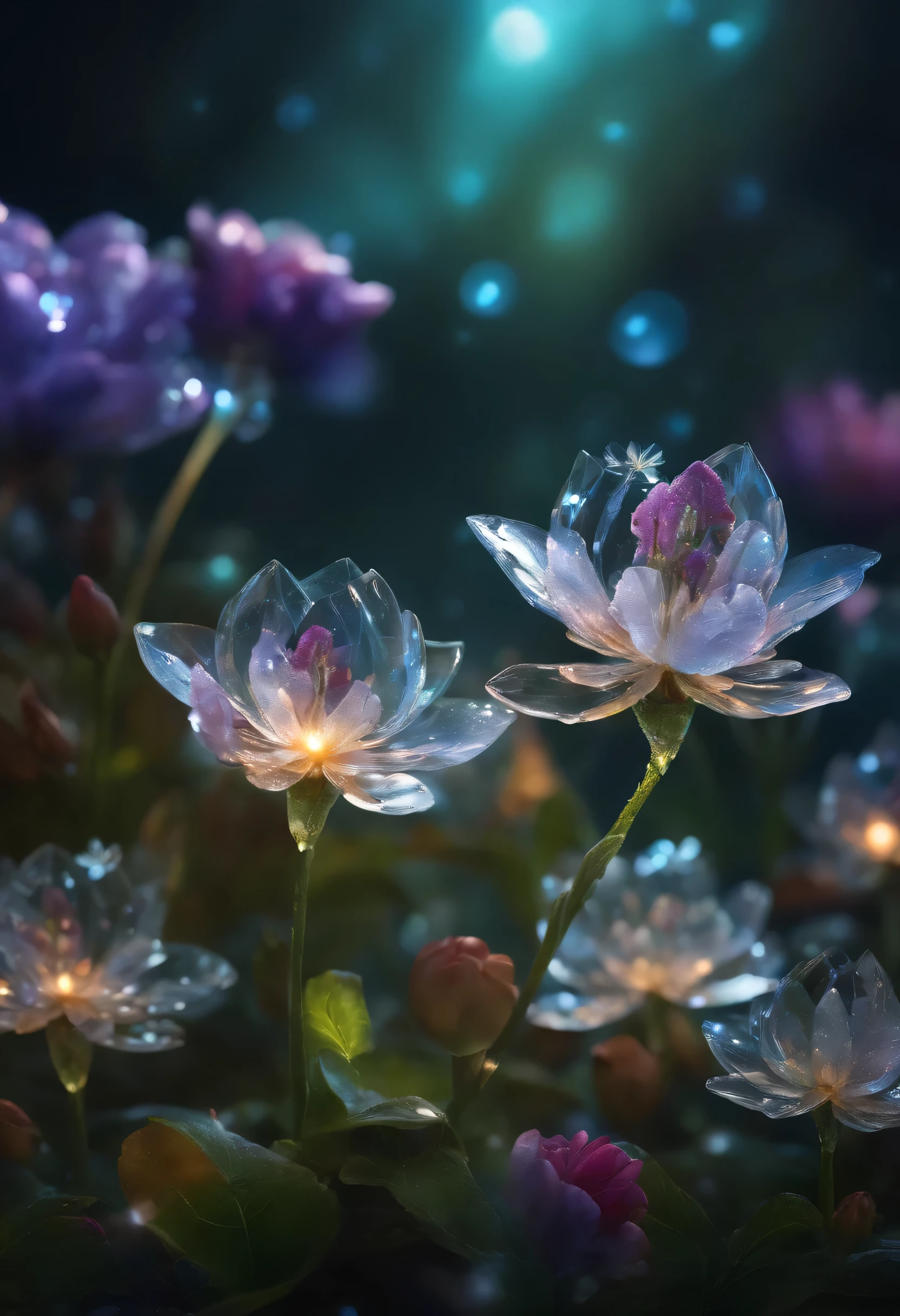 Crystal Spring Flowers, fantasy, galaxy, transparent, shiny, shiny的, outstanding, colorful, amazing photography, dramatic lighting, photorealism, super detailed, 4k, depth of field, high resolution