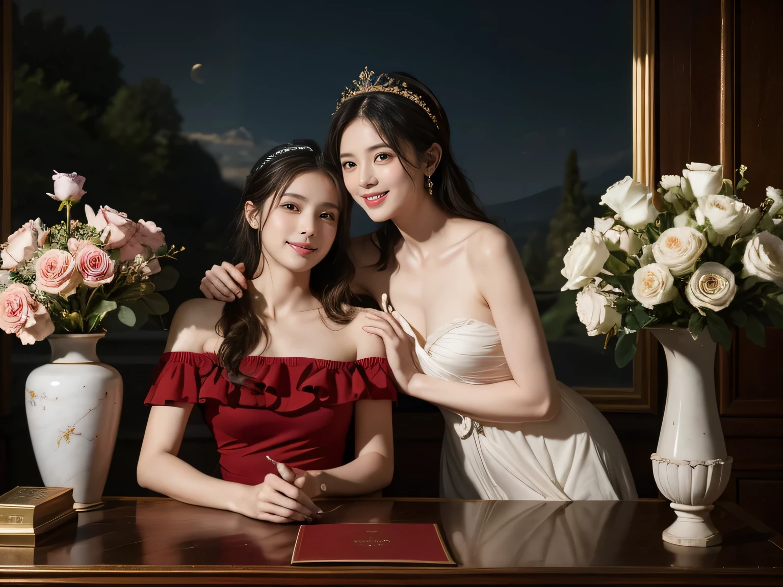 Jacques-Louis David painting style,Arguments of two female Philosophe,ath、astronomical machine、astronaut、roses in vase、fruits、Cute trinkets、smile、ancient greek costume、Clothes that stretch your shoulders、A big smile、beautiful bare skin、A detailed representation of the seducing woman throughout her body.