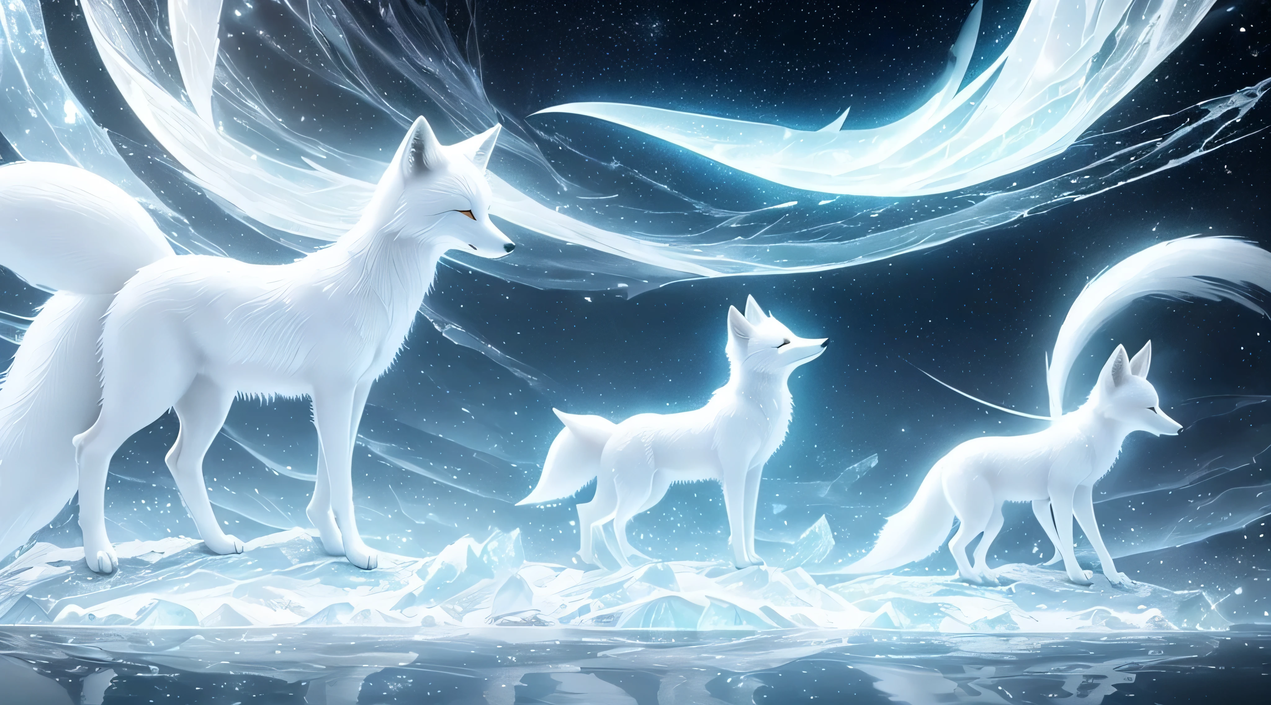 (( 一只arctic fox.arctic fox))((Light bluish white tone))，Extremely spectacular and stunning visual scene with any transparent luminous crystal tree，transparent reflective lake，Fresh and healing wind，Special fog effect halo，masterpiece，top quality，Highly intricate and exquisite details，cosmic energy，sense of space and time，Small waves, ripple, water drop splash，fantasy surreal.(best quality,4k，super quality，very delicate，Super complex，masterpiece),(( 一只arctic fox.arctic fox))，(correct )，clear facial features，White futuristic style interior design space