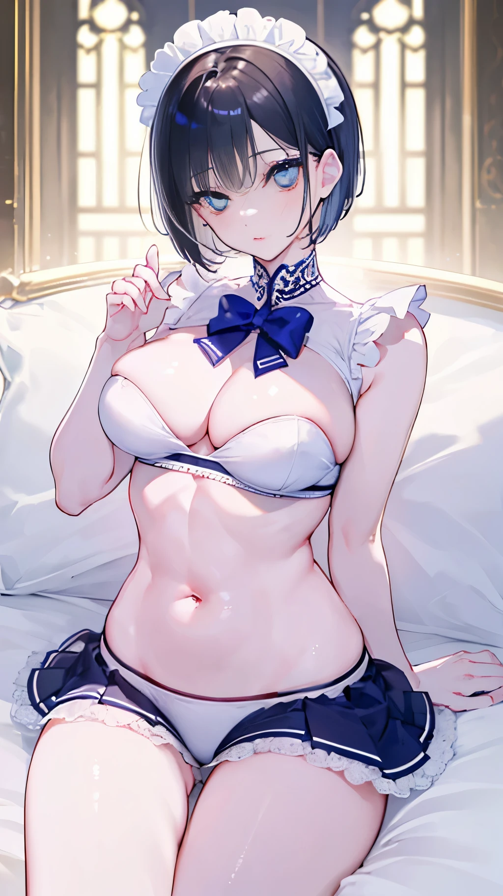 "(perfect masterpiece:1.2), (best quality:1.2), stunning face, uniform, mature and chubby, big pupil, bright eyes, compensate, long and luxurious eyelashes, lip whole, irresistible charisma.",Maid clothes,belly button,(((beautiful eyes))),(((very short hair))),abs,side