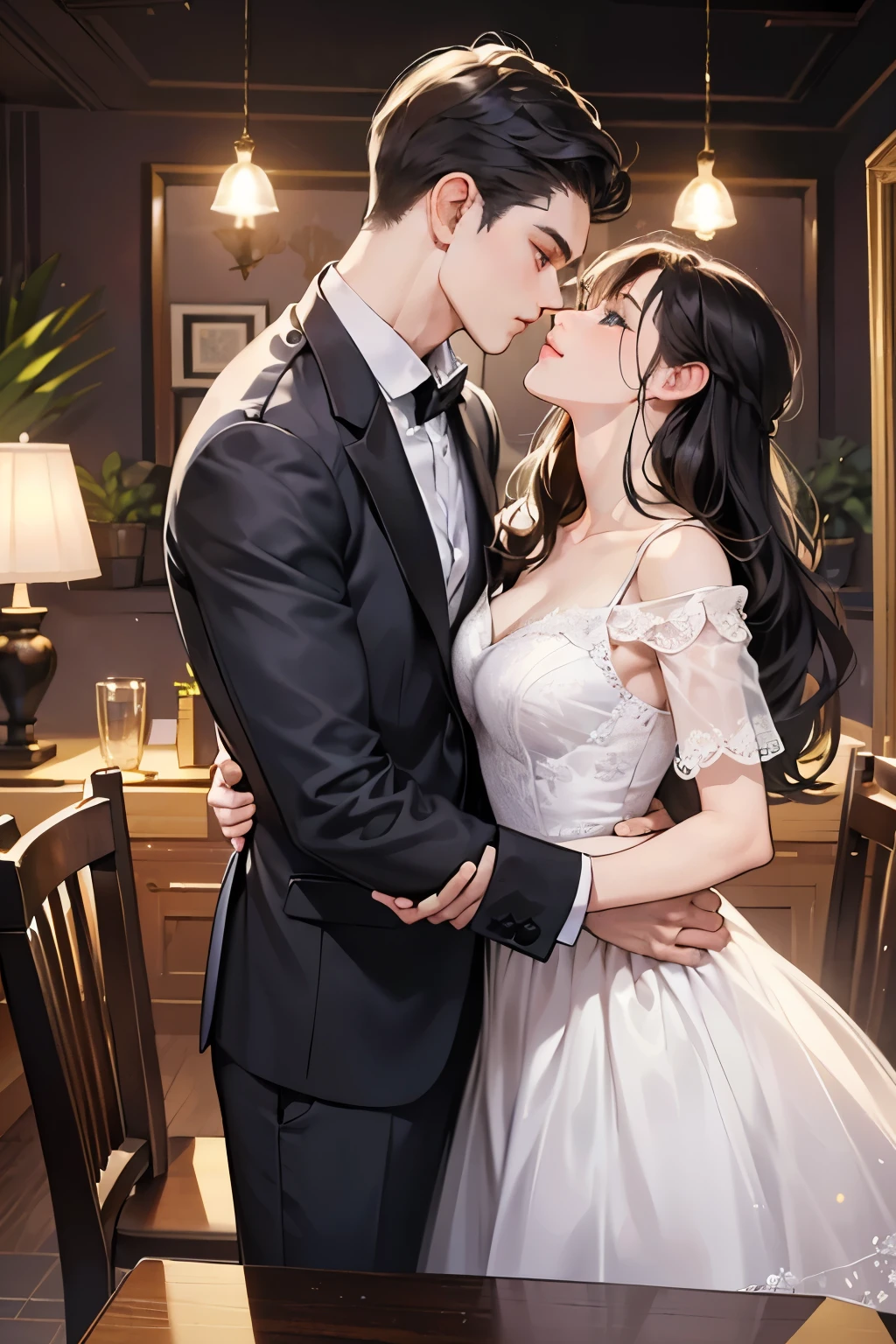 (table top, digital art, digital illustration, 4k, 8k, Super detailed, beautiful images, clear image, realistic, RAW photo, perfect face, perfect lines, perfect eyes, soft lighting) 1 female, (long black hair,straight hair,bullish look,Beautiful woman,woman in suit,Make up well,23 is a novel,:1.3),secretary, Two handsome men in suits, (human,man in suit,muscular,solid shoulder width, human,boyish hairstyle,English gentleman'Style,A man in his 30s with a cool expression,28 year old man with a bright smile:1.2),night office scene,antique furniture,antique clamp,antique chair,chandelier,party、couple、couple kissing、kiss、the kiss、romance、kiss、fight、睨み合う男女couple、