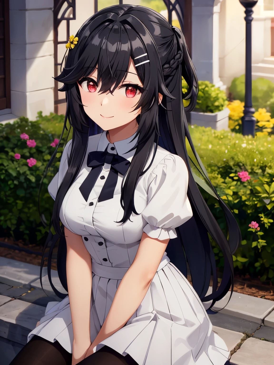 Super detailed, High resolution,[8k images:1.15],garden、small breasts、全体的にlong hair,hair ornaments,black hair,long hair,hair flower,hair clip,red eyes,Braid,bangs,hair between eyes,
bright eyes、gothic ****ta clothing＿White、arms behind、cute skirt、white skirt, white skirt、absolute reference to center,big breasts,
pantyhose,black pantyhose, exquisite visuals, High resolution,masterpiece,highest quality,smile