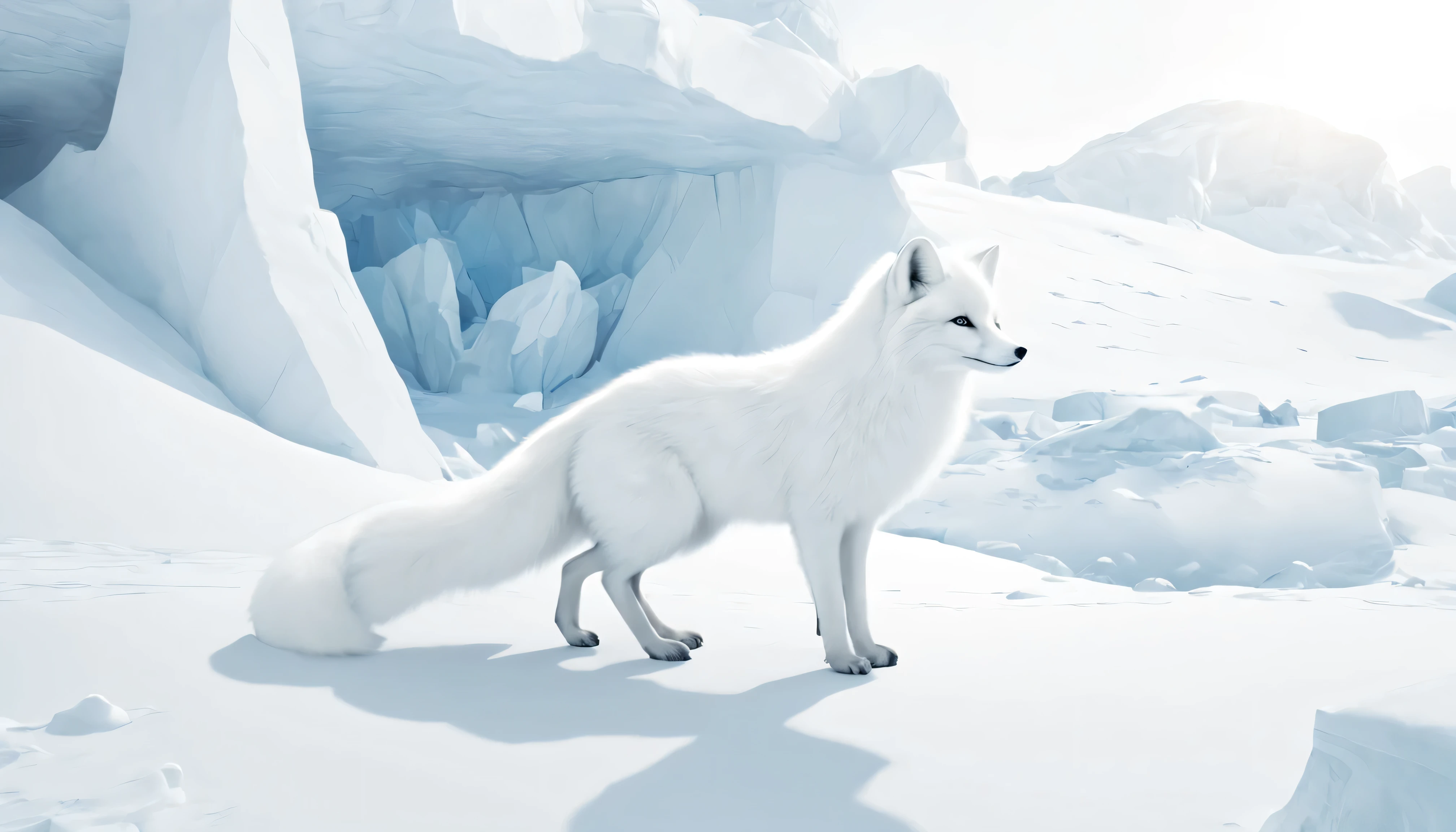 (( 一只arctic fox.arctic fox))((Light bluish white tone))，Extremely spectacular and stunning visual scene with any transparent luminous crystal tree，transparent reflective lake，Fresh and healing wind，Special fog effect halo，masterpiece，top quality，Highly intricate and exquisite details，cosmic energy，sense of space and time，Small waves, ripple, water drop splash，fantasy surreal.(best quality,4k，super quality，very delicate，Super complex，masterpiece),(( 一只arctic fox.arctic fox))，(correct )，clear facial features，White futuristic style interior design space