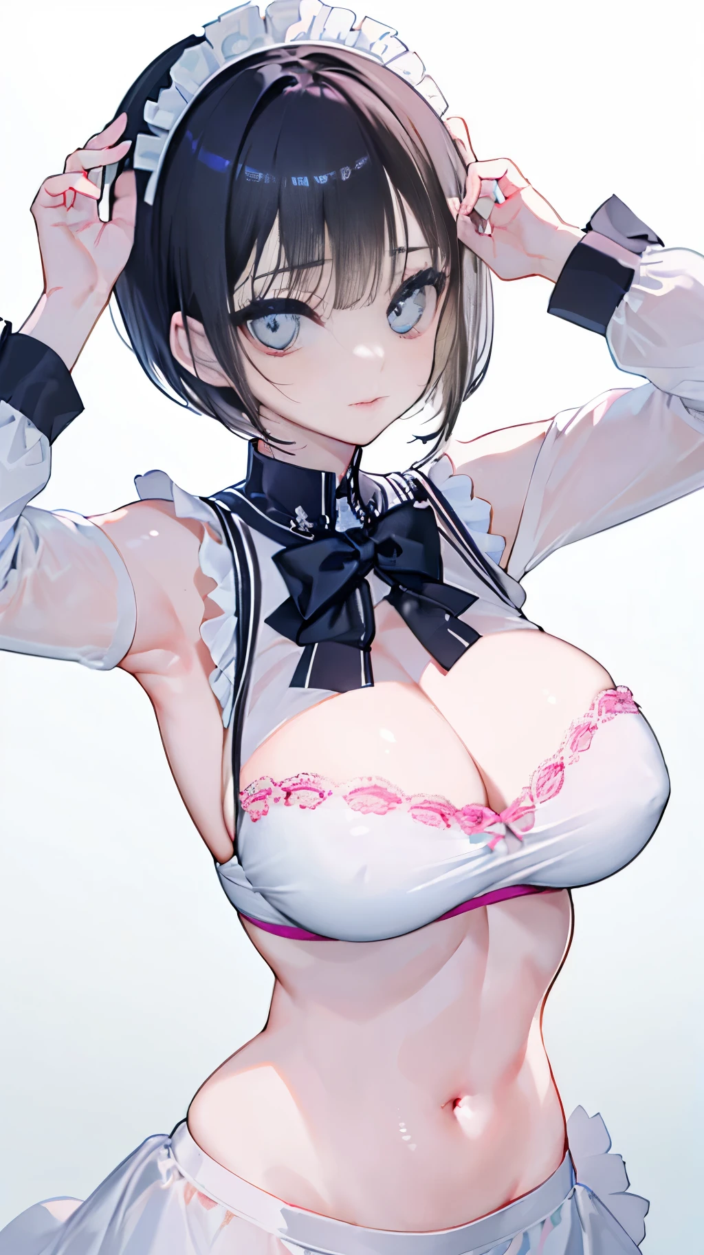"(perfect masterpiece:1.2), (best quality:1.2), stunning face, uniform, mature and chubby, big pupil, bright eyes, compensate, long and luxurious eyelashes, lip whole, irresistible charisma.",Maid clothes,belly button,(((beautiful eyes))),(((very short hair))),abs,side,arms raised,mature woman,