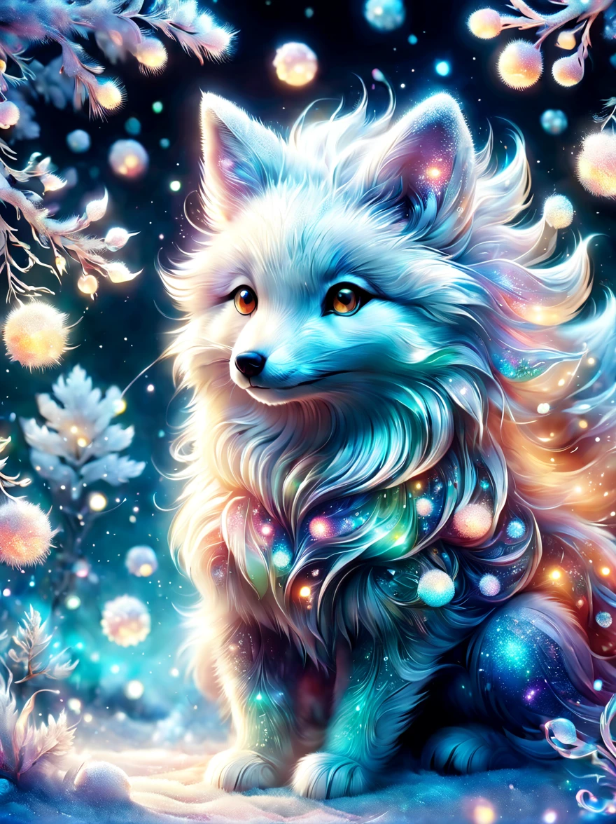 cuteillustration北极狐屋，Snow white arctic fox，hibernation，cute，sleep，Comfortable and warm，looks very happy，illustration，Popularity，Colorful，draw with thick lines，color，dim，light，hibernation的北极狐正在睡觉，have a happy dream，The house is warm and full of happiness，Colorful，gaudy，fantasy，patchwork，Quilt，details details，fluffy，