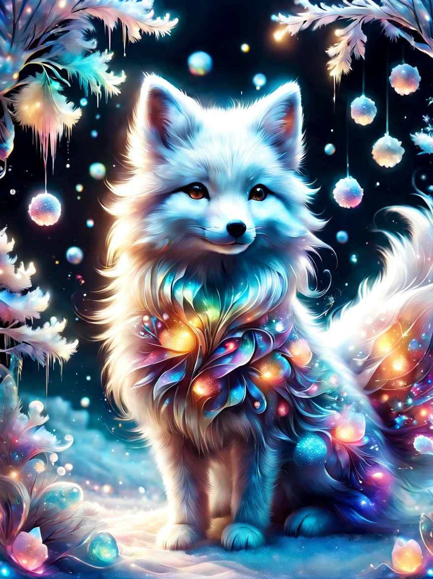 Cute fluffy arctic fox on Japanese anime kawaii style background combines Japanese kawaii art style with modern design,风格为color纹理、radiation clusters、Lowell Herero、pure white、Rebecca Louise Law、color、Cute arctic fox moving on the snow
