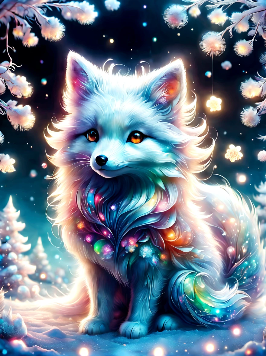 cuteillustration北极狐屋，Snow white arctic fox，hibernation，cute，sleep，Comfortable and warm，looks very happy，illustration，Popularity，Colorful，draw with thick lines，color，dim，light，hibernation的北极狐正在睡觉，have a happy dream，The house is warm and full of happiness，Colorful，gaudy，fantasy，patchwork，Quilt，details details，fluffy，