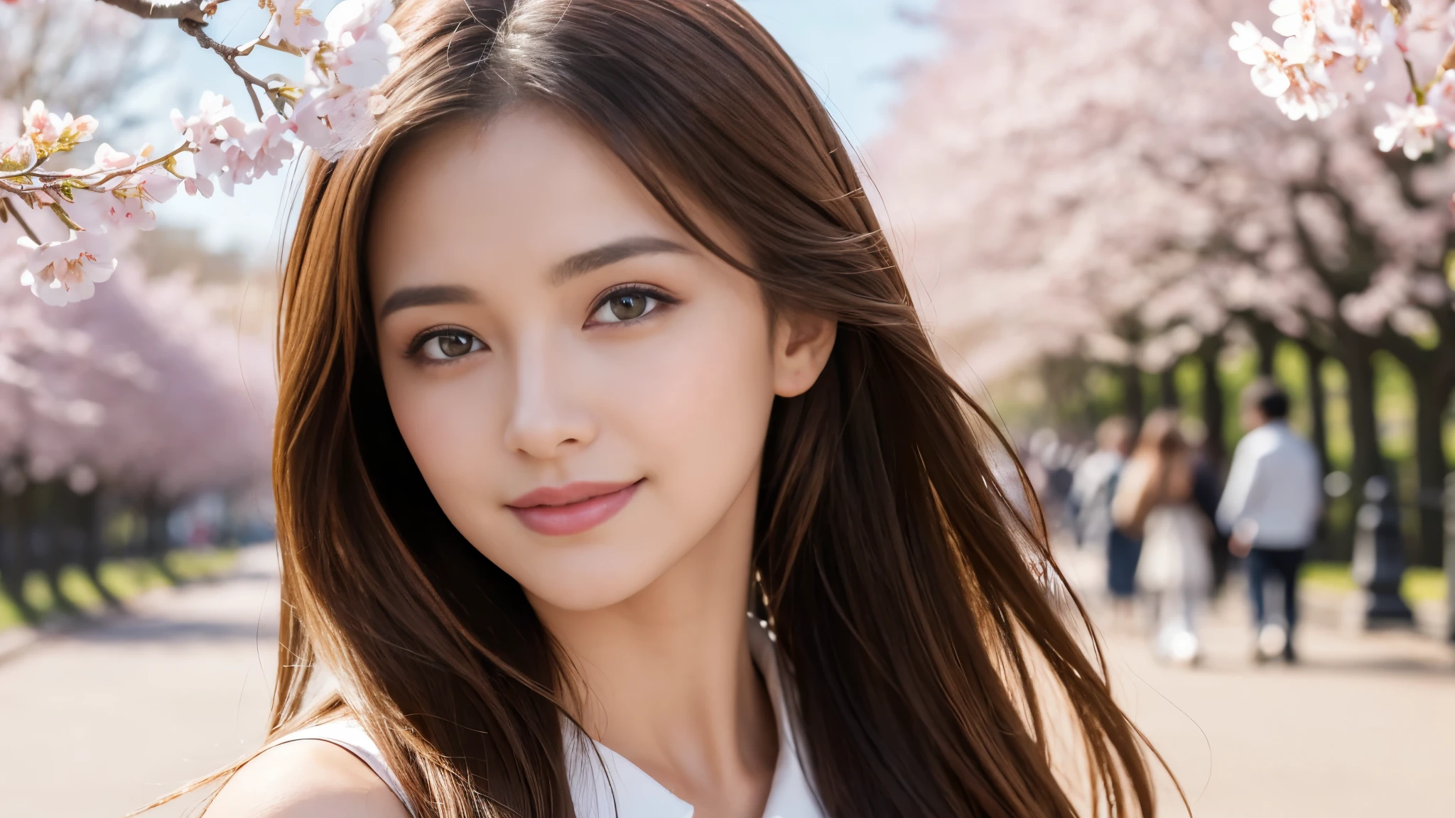 masterpiece, Best Quality, Photorealistic, Ultra-detailed, finely detailed, High resolution, 8K Wallpaper, 1 beautiful woman, light brown hair, sharp focus, Perfect dynamic composition, Beautiful detailed eyes, detailed hairs, Detailed realistic skin texture, Smiling, portrait, Model body type, Take a walk in the park with cherry blossoms and Eiffel Tower background,