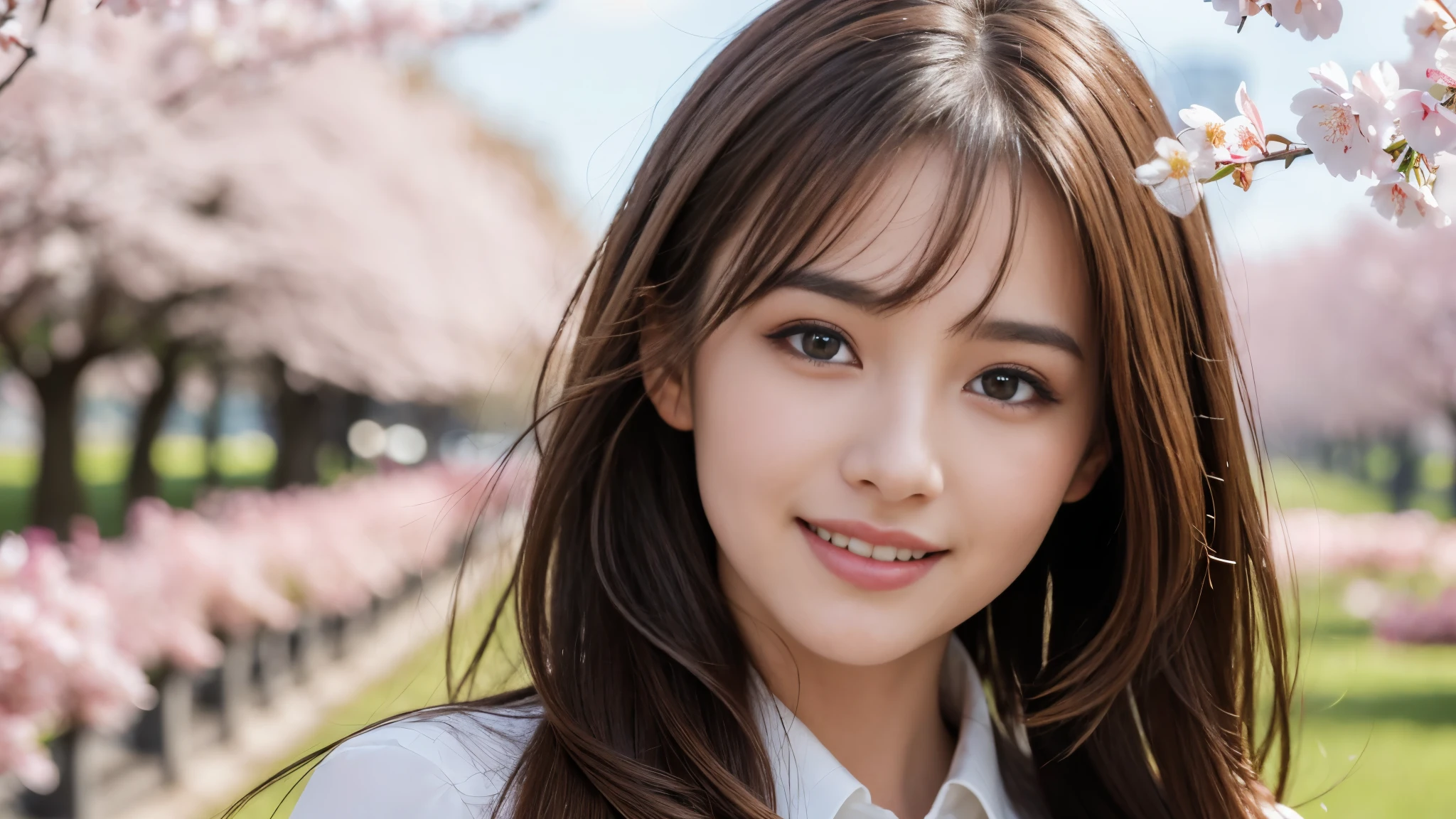 masterpiece, Best Quality, Photorealistic, Ultra-detailed, finely detailed, High resolution, 8K Wallpaper, 1 beautiful woman, light brown hair, sharp focus, Perfect dynamic composition, Beautiful detailed eyes, detailed hairs, Detailed realistic skin texture, Smiling, portrait, Model body type, Take a walk in the park with cherry blossoms and Eiffel Tower background,