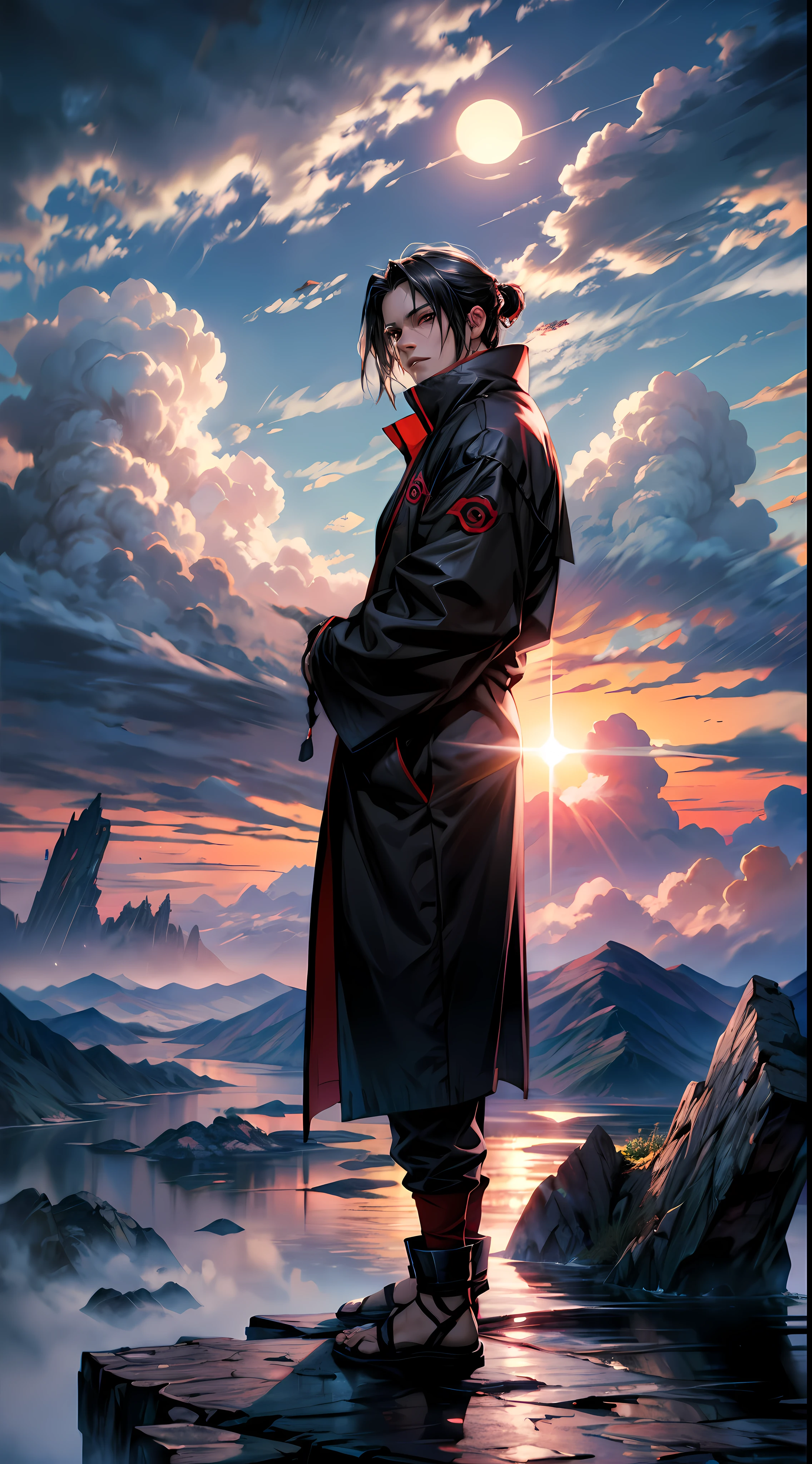 Uchiha itachi wearing a Akatsuki coat, standing on a beautiful mountain , sun rise , beautiful clouds , dynamic view see at the sky, sunshine, mangekyo sharingan beautiful view, AMD FidelityFX Super resolution 3, octane rendered, Unreal engine 5 effects, extremely detailed portrait, close-up portrait , full body view , immersive view , ultra realistic render