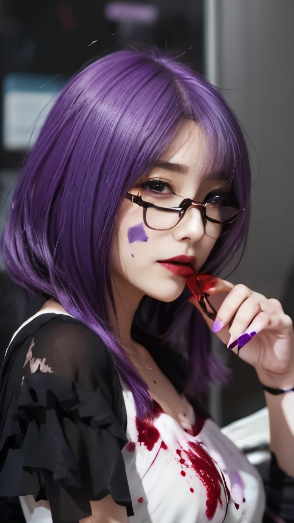 anime girl with purple hair and blood on her face, 1 7 - year - old anime goth girl, gapmoe yandere grimdark, portrait gapmoe yandere grimdark, misato katsuragi, inspired by Yukihiko Yasuda, detailed anime character art, 2 d anime style, horror manga, anime style”, sui ishida art manga，wearing glasses，purple hair，wearing glasses，purple hair，wearing glasses，purple hair，wearing glasses，purple hair，wearing glasses，purple hair，wearing glasses，purple hair，wearing glasses，purple hair，wearing glasses，purple hair