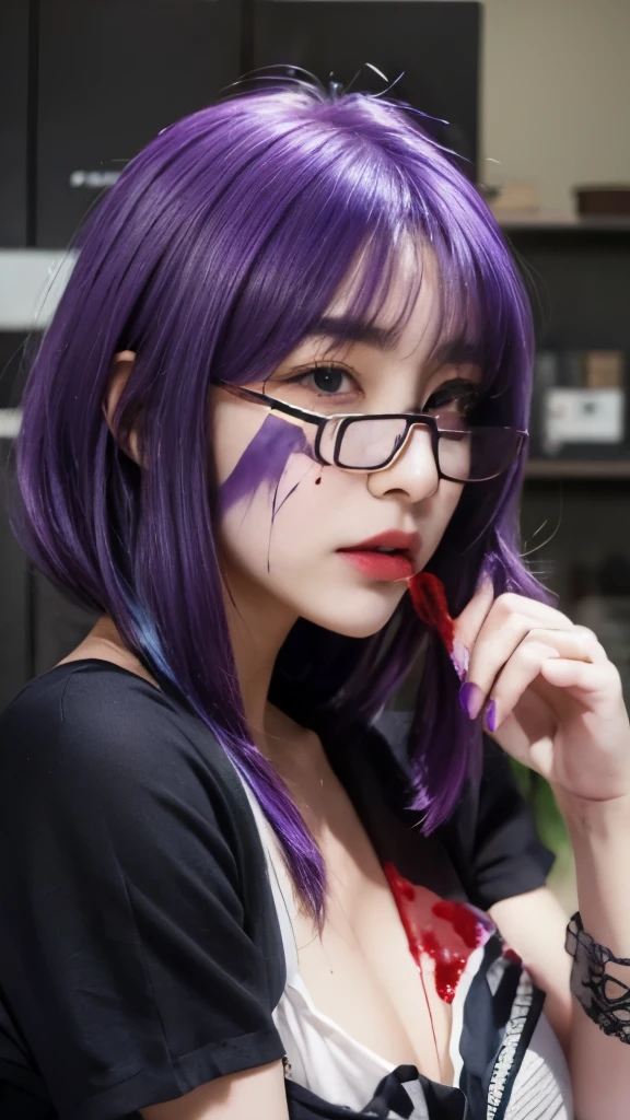 anime girl with purple hair and blood on her face, 1 7 - year - old anime goth girl, gapmoe yandere grimdark, portrait gapmoe yandere grimdark, misato katsuragi, inspired by Yukihiko Yasuda, detailed anime character art, 2 d anime style, horror manga, anime style”, sui ishida art manga，wearing glasses，purple hair，wearing glasses，purple hair，wearing glasses，purple hair，wearing glasses，purple hair，wearing glasses，purple hair，wearing glasses，purple hair，wearing glasses，purple hair，wearing glasses，purple hair