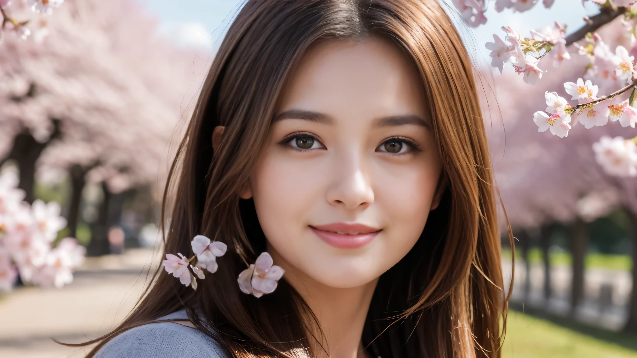 masterpiece, Best Quality, Photorealistic, Ultra-detailed, finely detailed, High resolution, 8K Wallpaper, 1 beautiful woman, light brown hair, sharp focus, Perfect dynamic composition, Beautiful detailed eyes, detailed hairs, Detailed realistic skin texture, Smiling, portrait, Model body type, Take a walk in the park with cherry blossoms and Eiffel Tower background,