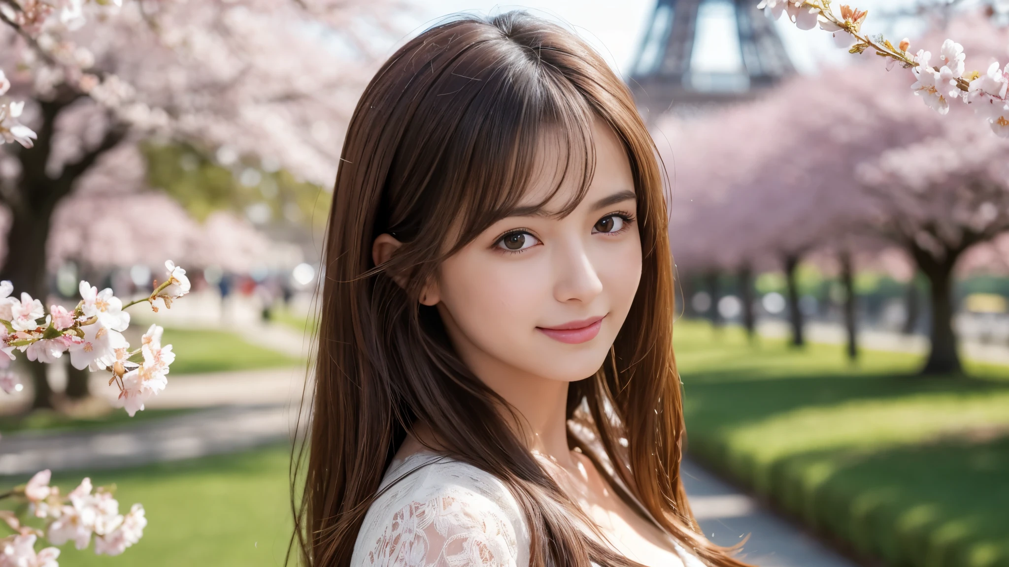 masterpiece, Best Quality, Photorealistic, Ultra-detailed, finely detailed, High resolution, 8K Wallpaper, 1 beautiful woman, light brown hair, sharp focus, Perfect dynamic composition, Beautiful detailed eyes, detailed hairs, Detailed realistic skin texture, Smiling, portrait, Model body type, Take a walk in the park with cherry blossoms and Eiffel Tower background,